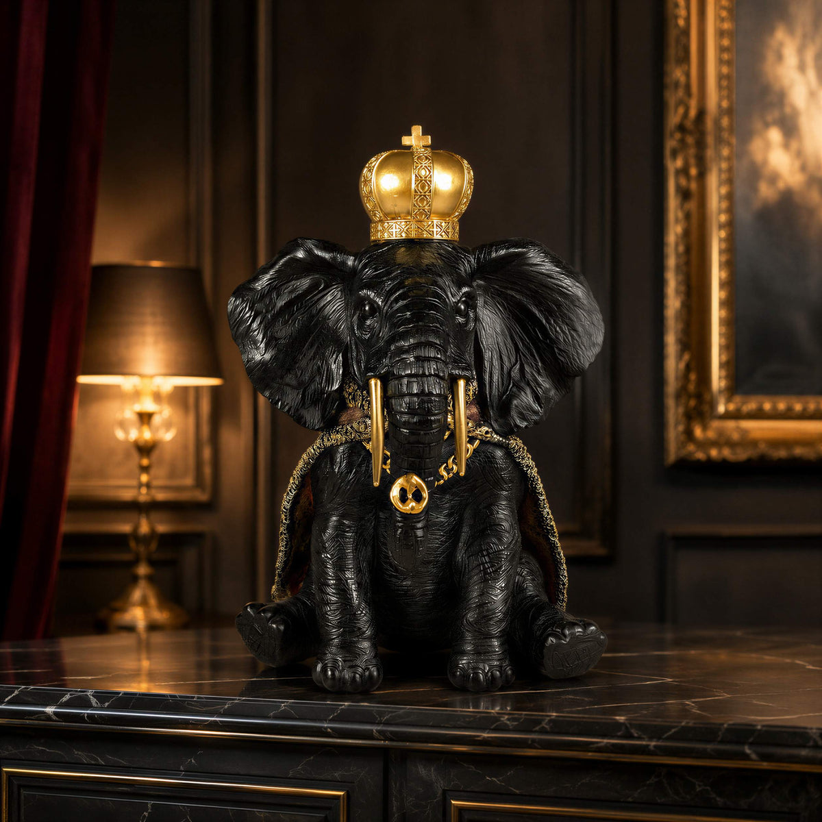 Elefant Figur mit Krone Dekofigur in Schwarz-Gold oder Gold-Rot