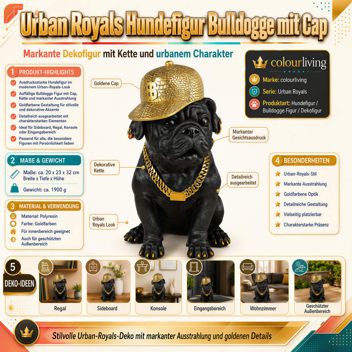 Bulldogge Figur mit Cap Hunde Figur schwarz gold