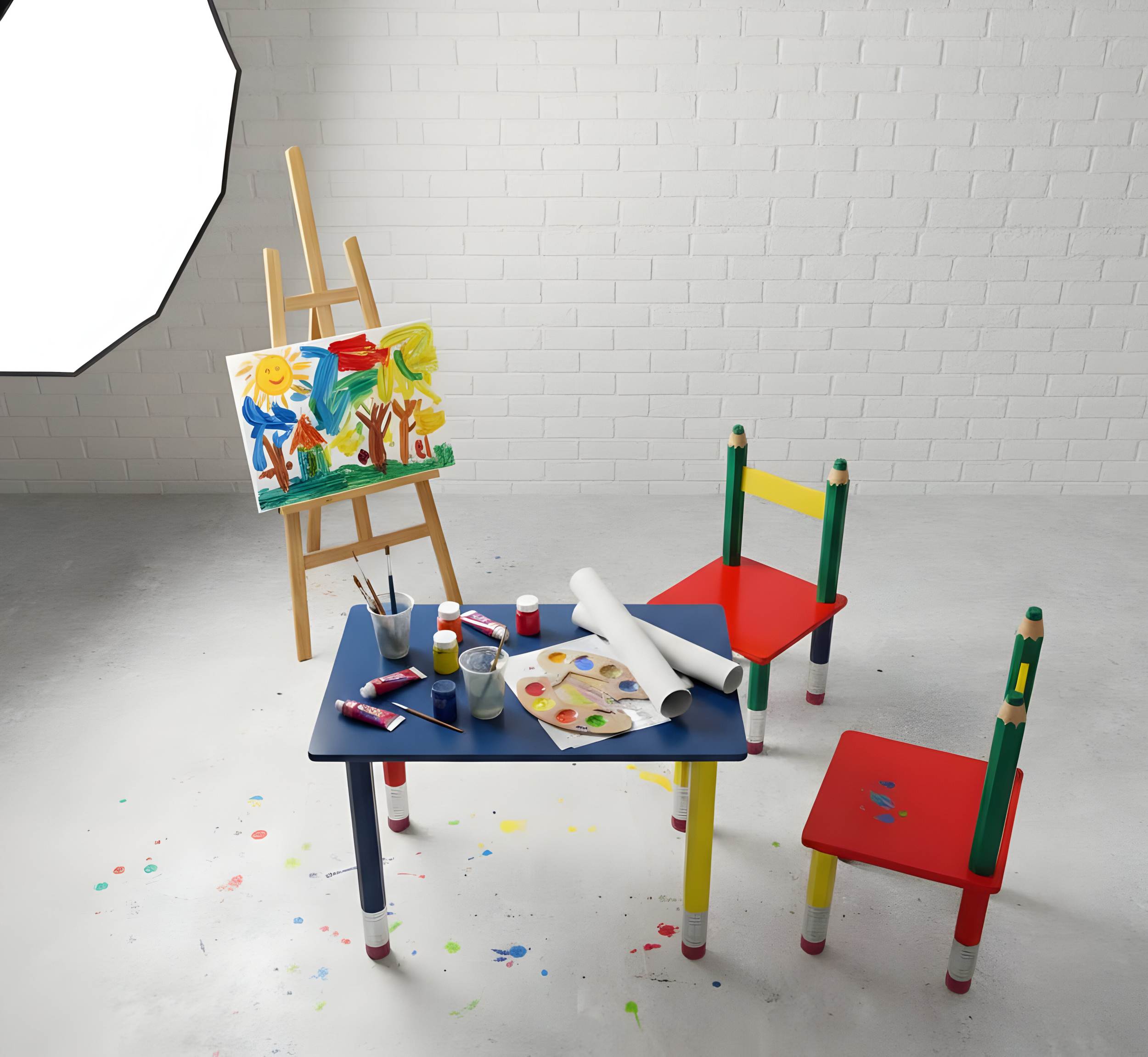 Kindertischgruppe Bleistift bunt – farbenfrohe Kindermöbel aus Holz mit Tisch und zwei Stühlen