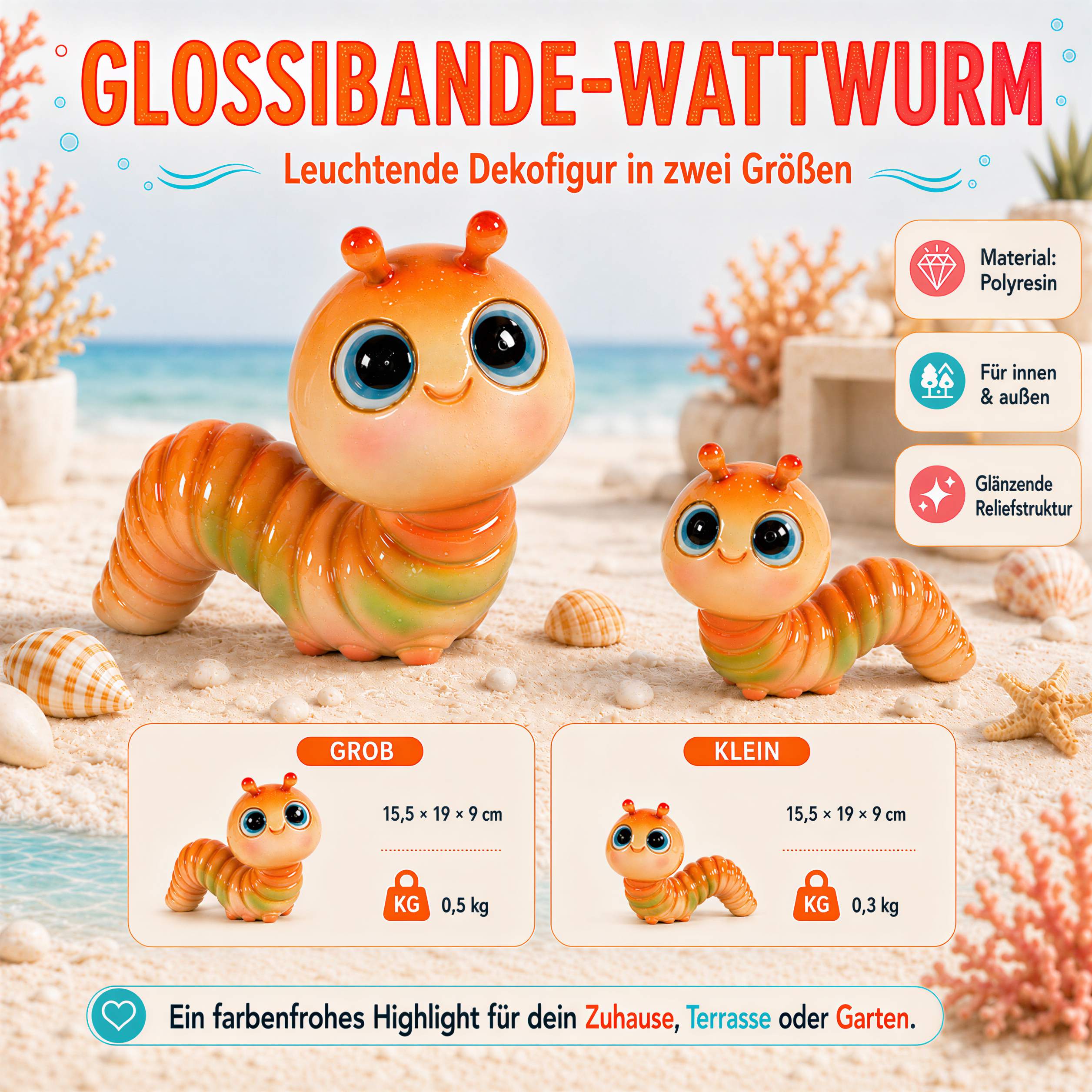 GlossiBande Wattwurm Figur Deko Wurm glänzend groß oder klein in Grün und Orange