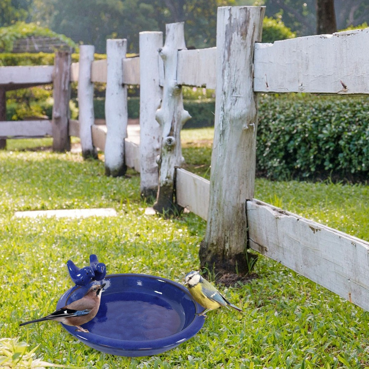 glasierte Vogeltränke für den Garten "Noble" mit 2 Deko-Vögel, 30 cm blau Keramik Vogeltränke rund Vogelbad Garten
