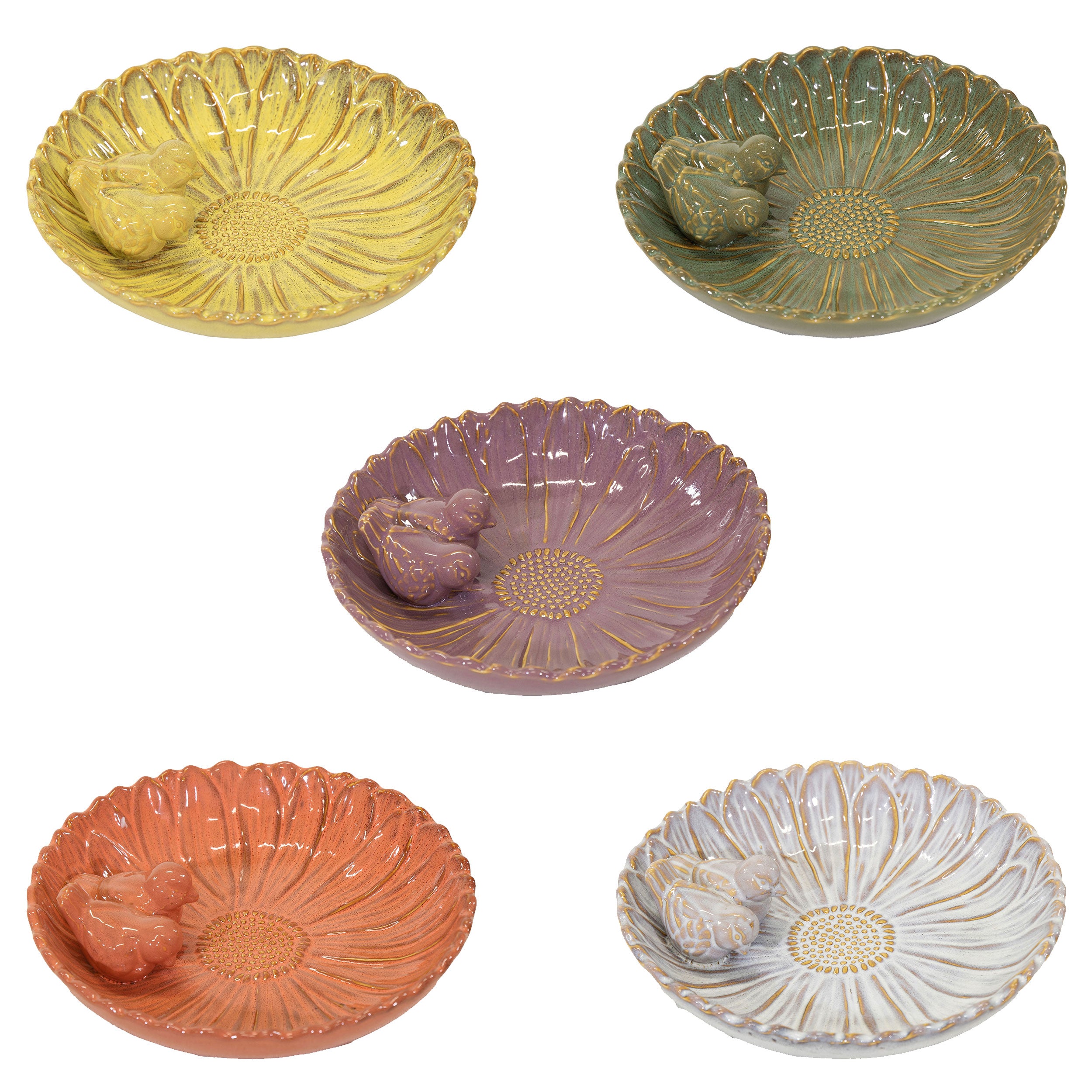 Vogeltränke winterfest | Royal | glasierte Vogeltränke für den Garten | mit Deko-Vögeln – rund, wetterfest, farbig, 23 und 28 cm