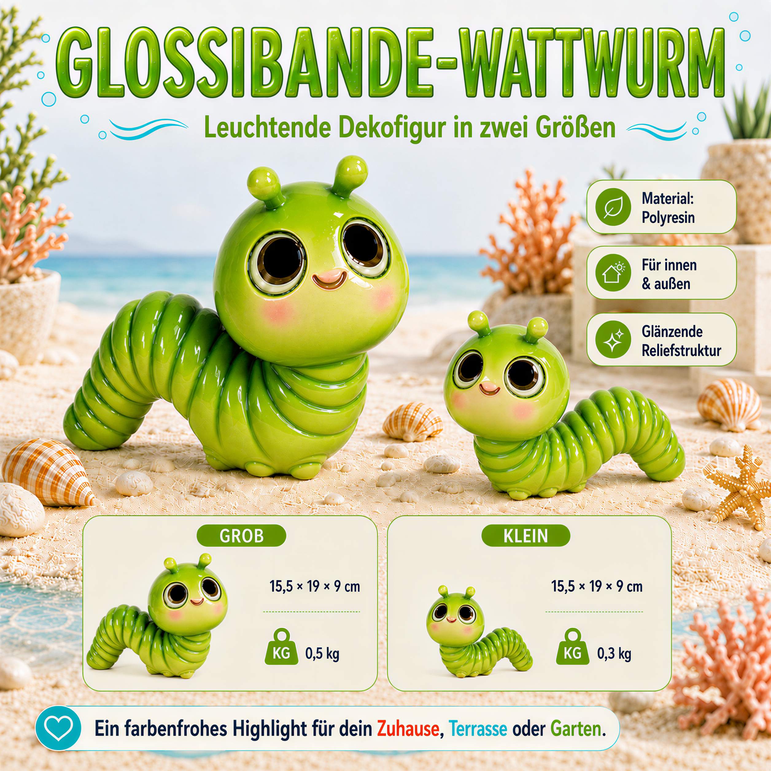GlossiBande Wattwurm Figur Deko Wurm glänzend groß oder klein in Grün und Orange