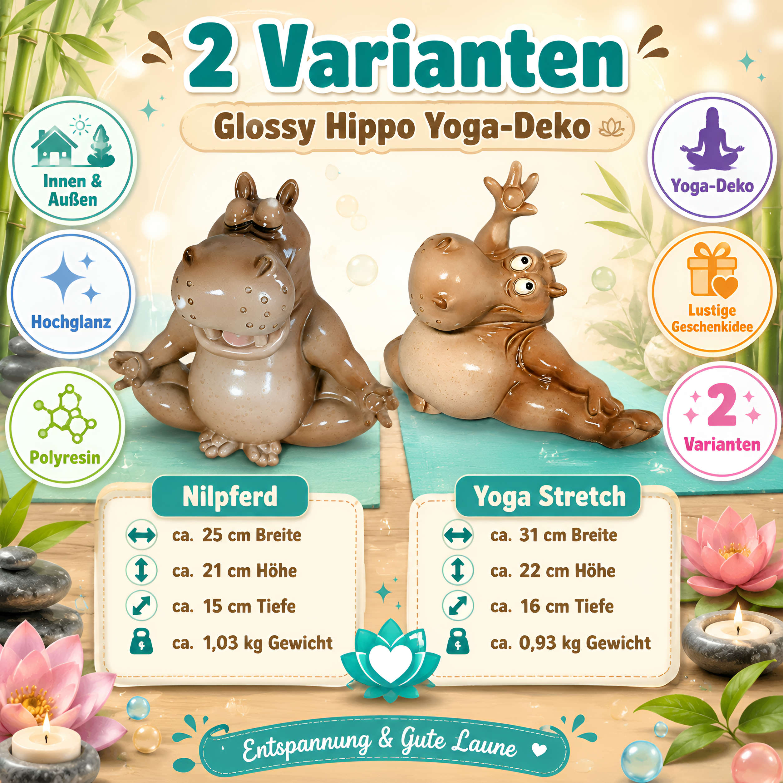 Yoga Nilpferd Figur glänzend sitzend & Stretch für innen und außen