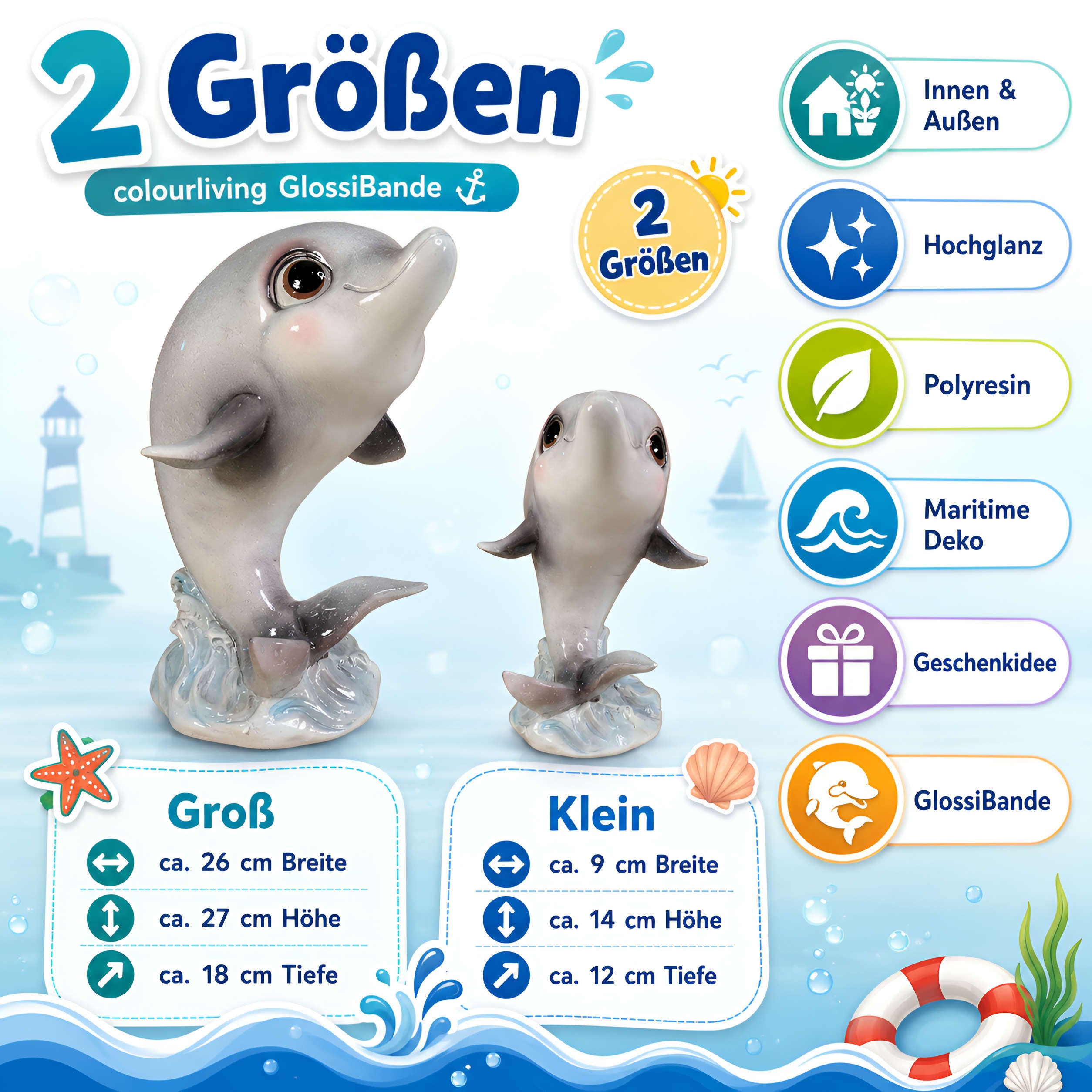 Delfin Figur glänzend klein & groß für maritime Deko innen & außen