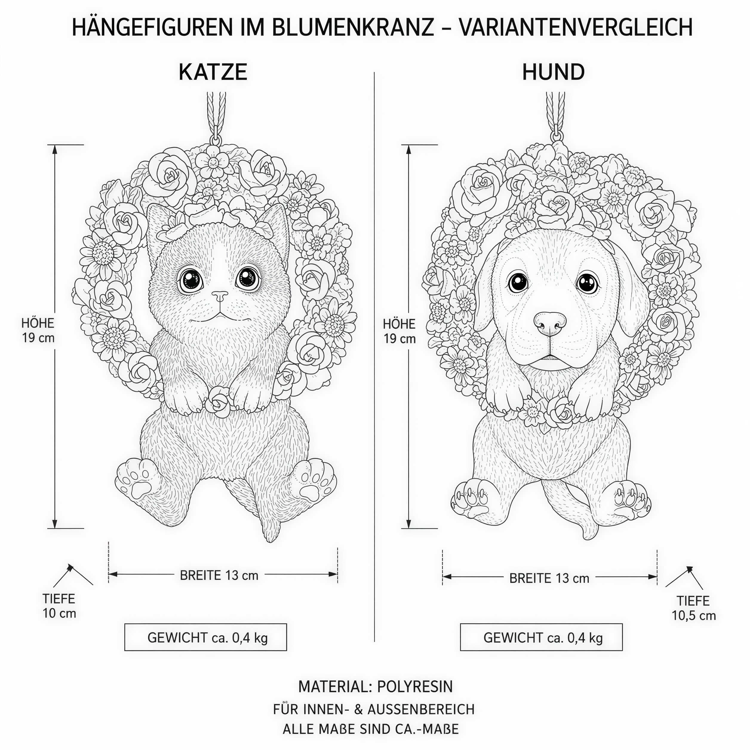 Hängedeko Hund oder Katze im Blumenkranz - Fenster Hängedeko Garten Hänge Deko Ast Katzenfigur Hundefigur