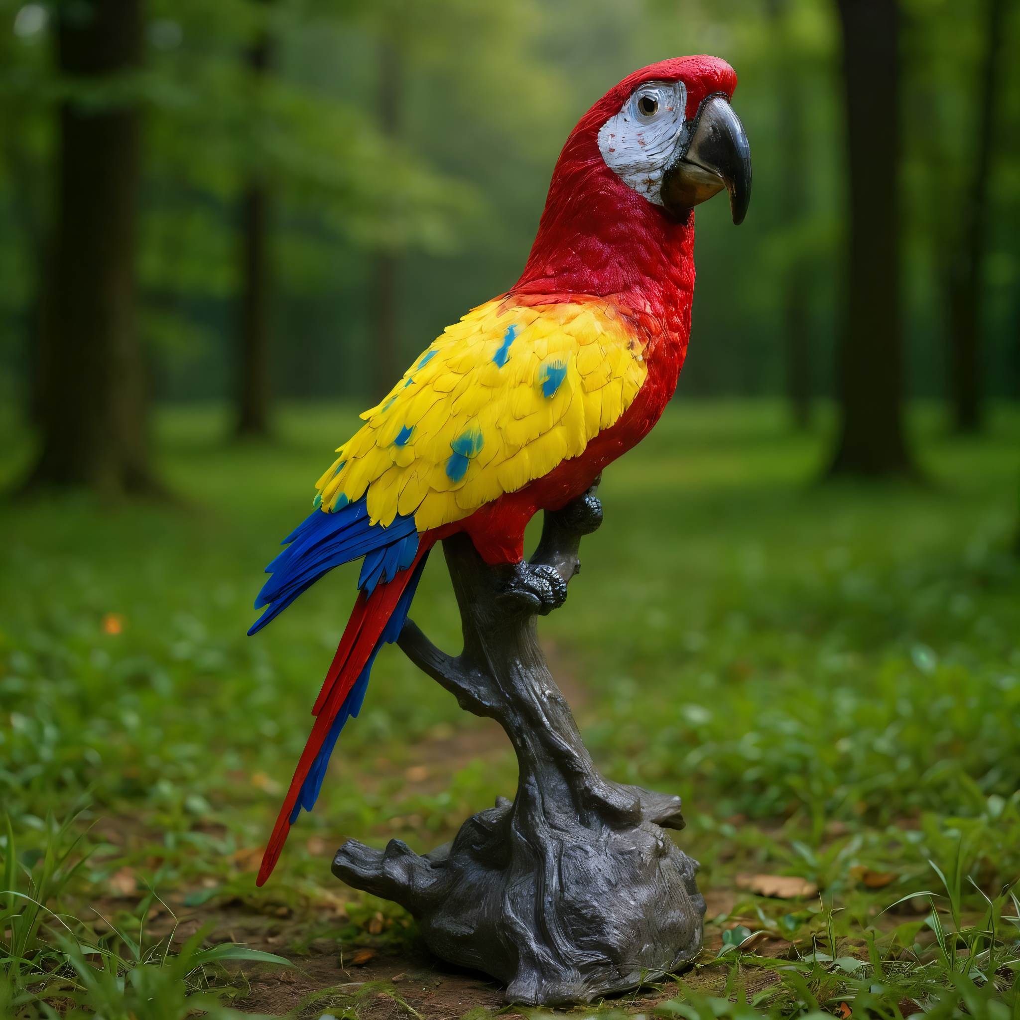 Papagei Figur – große Gartenfigur aus Polyresin, handbemalte Papagei Deko – bunte Dekofigur Papagei auf Baumstamm