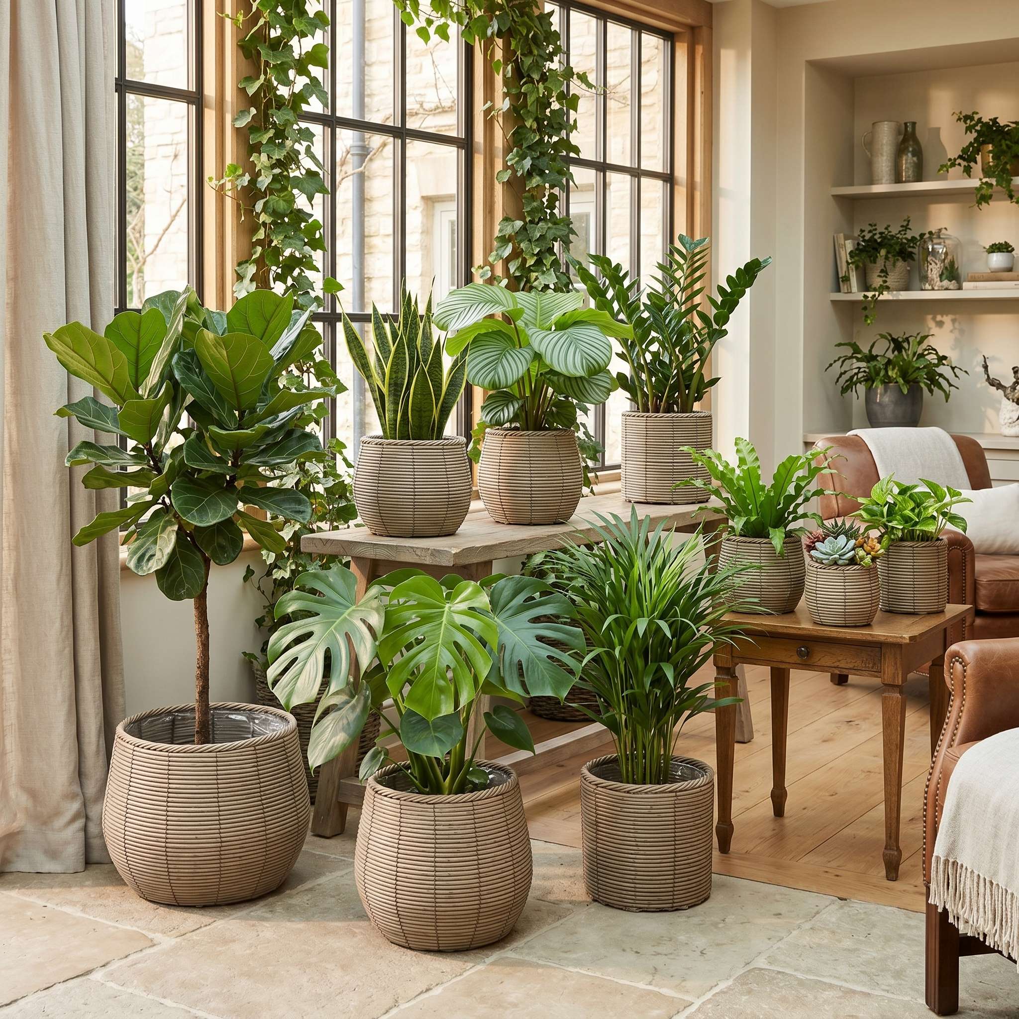 Blumentopf groß Rattan 3er Set Modell Gala, Pflanzkübel Indoor Übertopf Naturgrau
