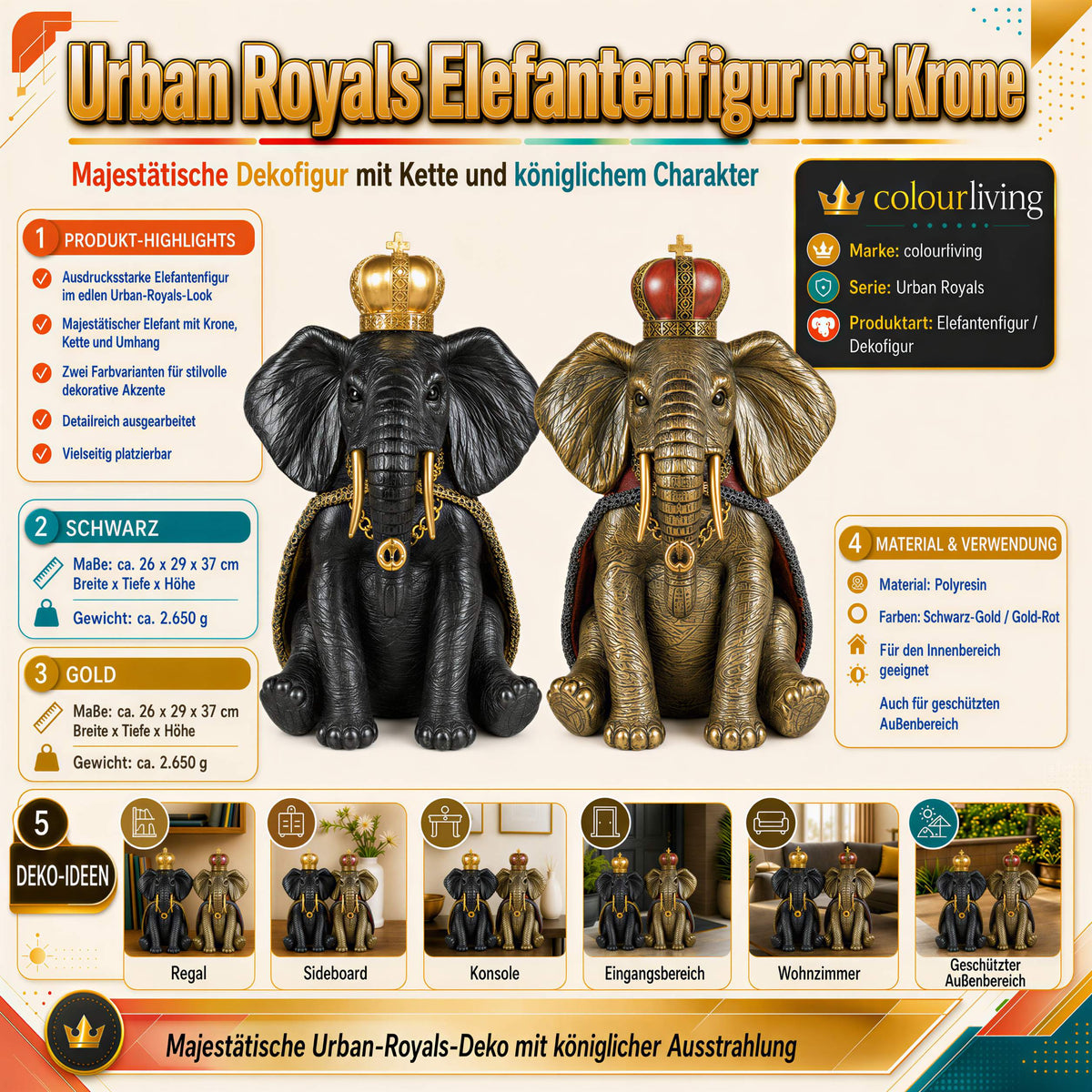 Elefant Figur mit Krone Dekofigur in Schwarz-Gold oder Gold-Rot