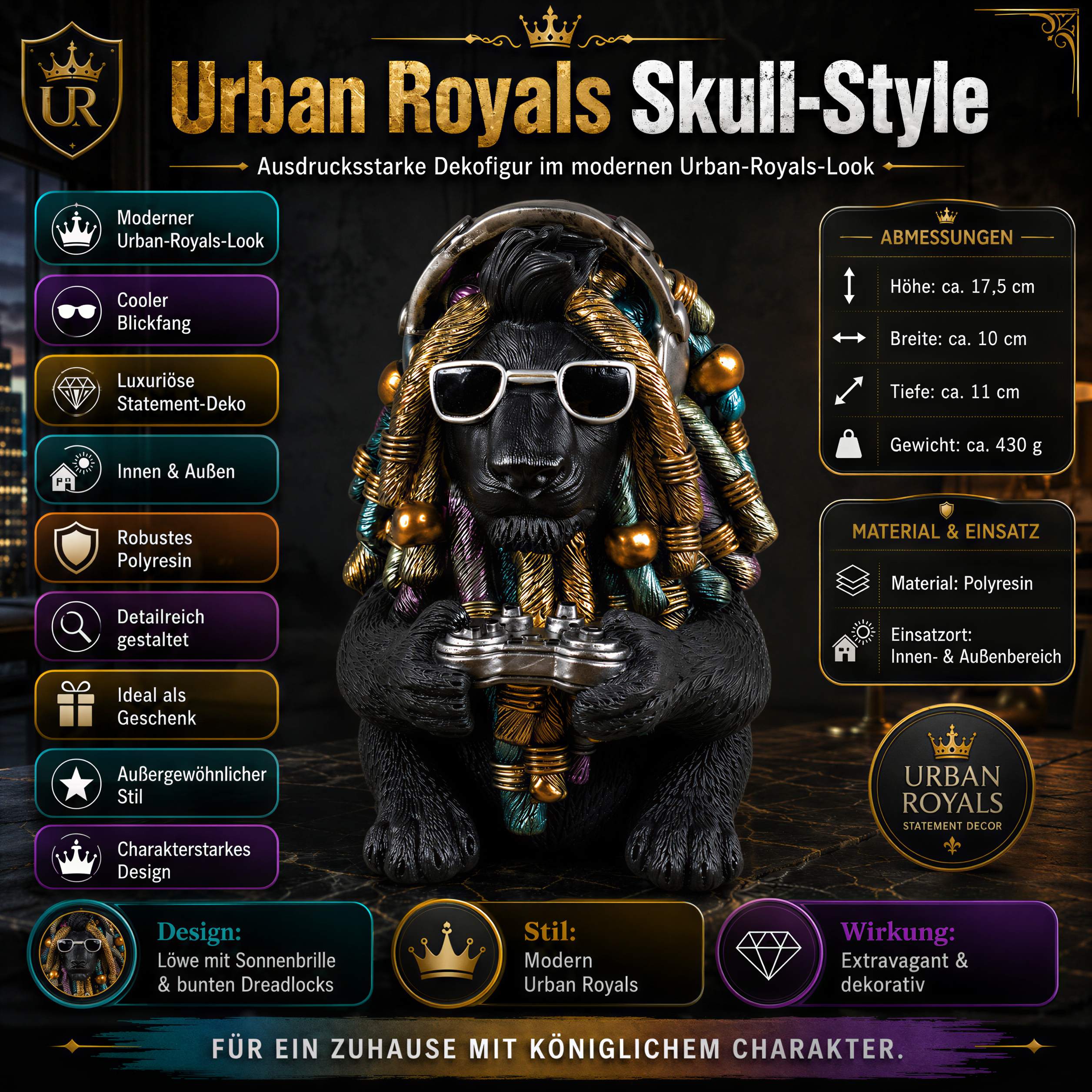 Löwe Figur Urban Royals mit Dreadlocks Controller Kopfhörer Geschenk für Gamer