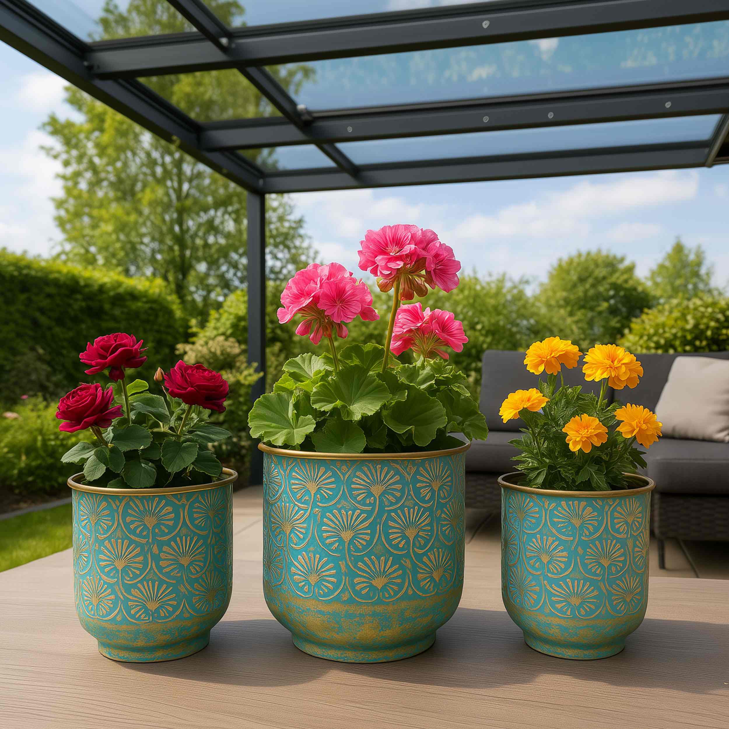 Blumentopf Metall Rund 3er-Set Übertopf Maya gold Pflanztopf Pflanzgefäß Zinktopf