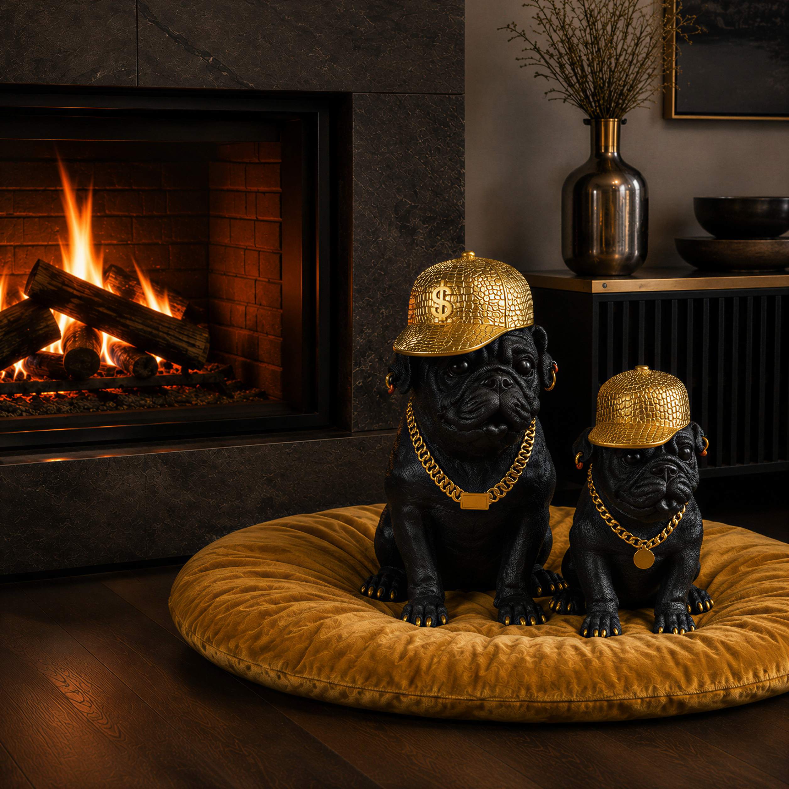 Bulldogge Figur mit Cap Hunde Figur schwarz gold