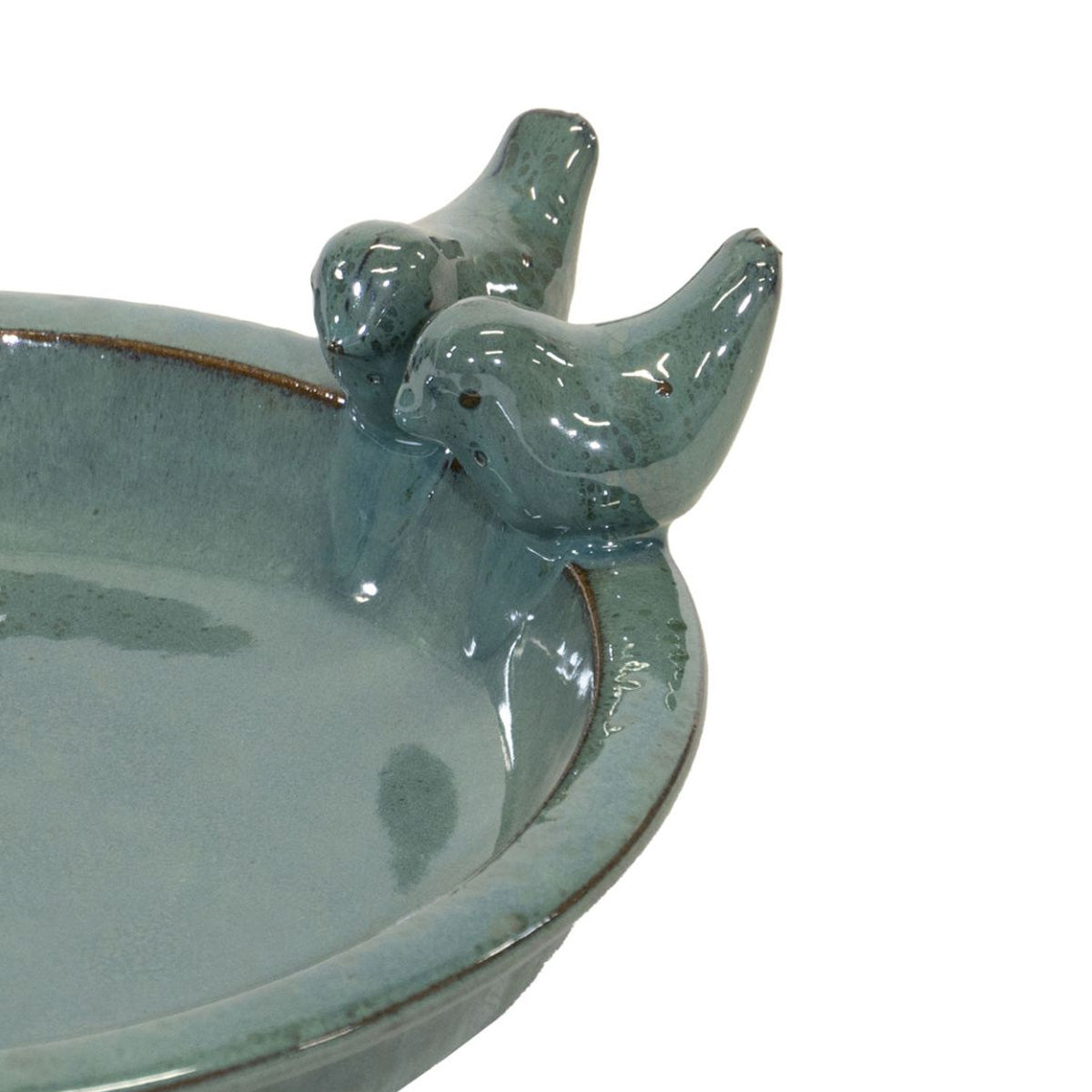 glasierte Vogeltränke für den Garten "Noble" mit 2 Deko-Vögel, 30 cm Moos Grün Keramik Vogeltränke rund Vogelbad Garten