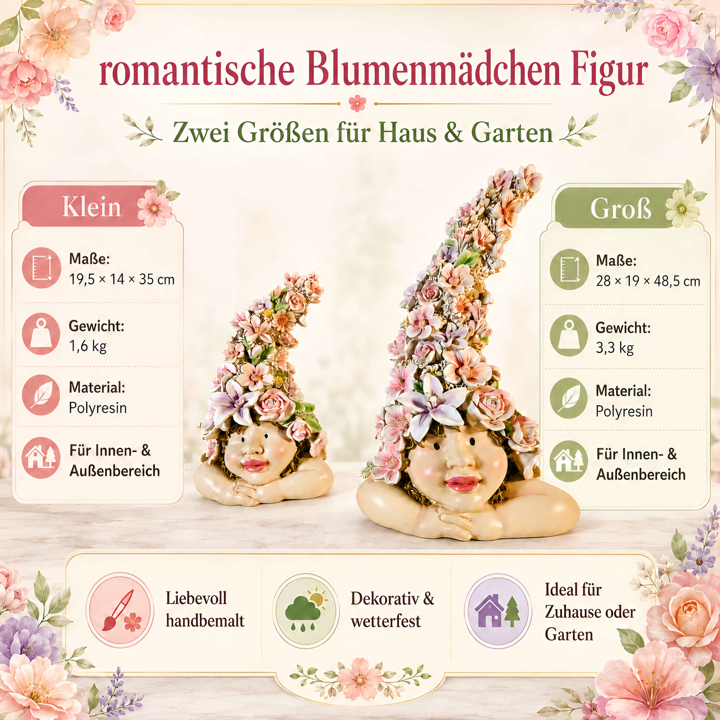 Blumenkind Dekofigur Blumenmädchen Figur für Haus & Garten in 2 Größen