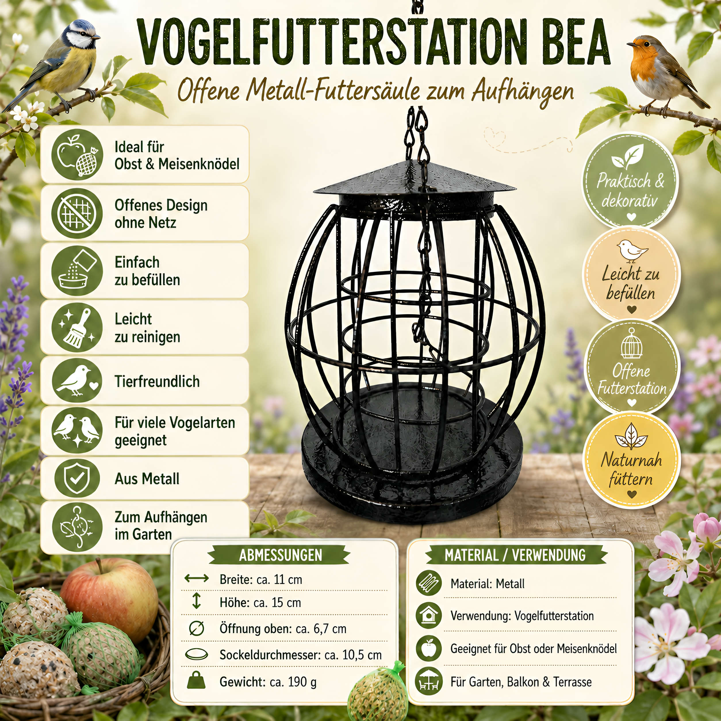 Vogelfutterstation zum Aufhängen Metall Futterstation für Meisenknödel & Obst