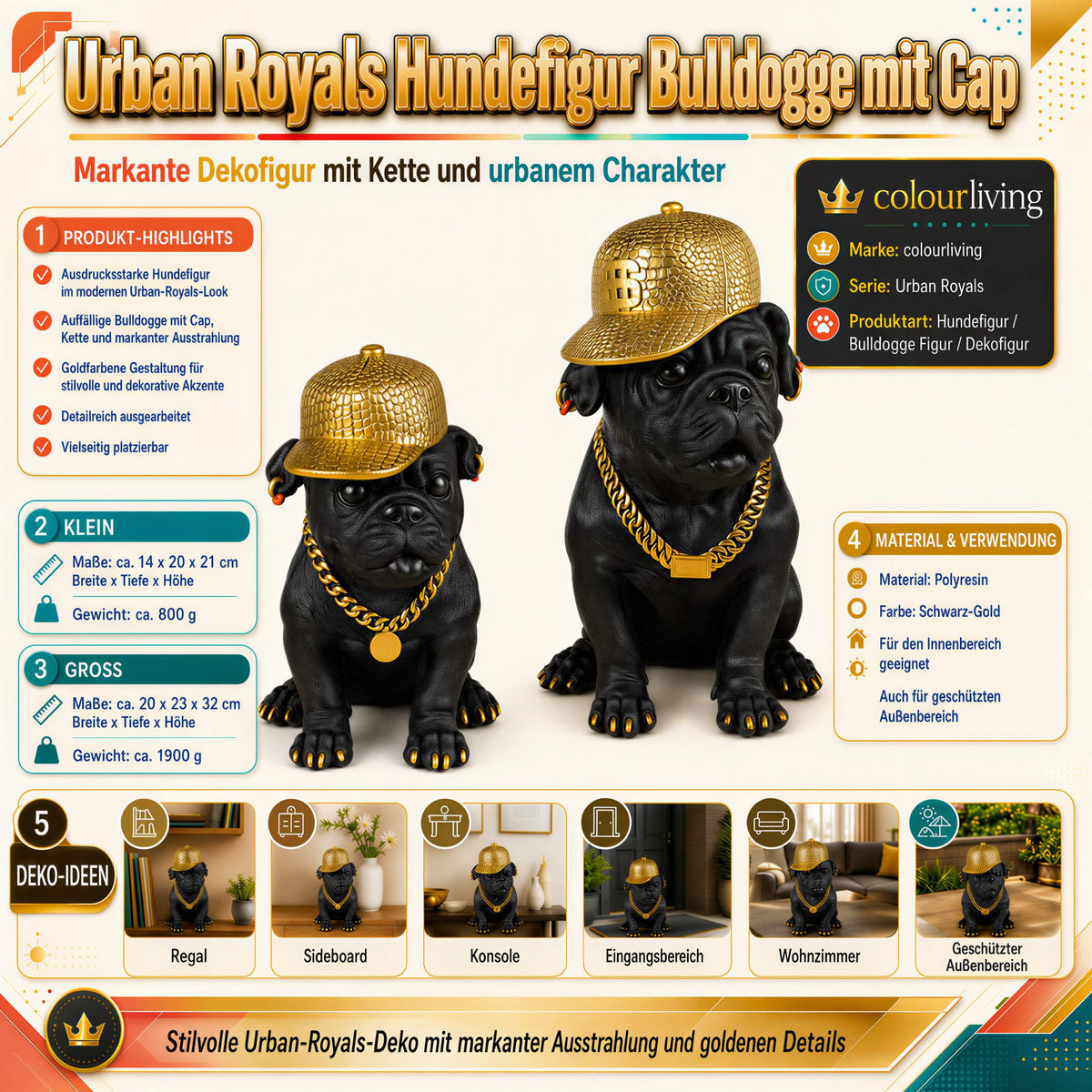 Bulldogge Figur mit Cap Hunde Figur schwarz gold