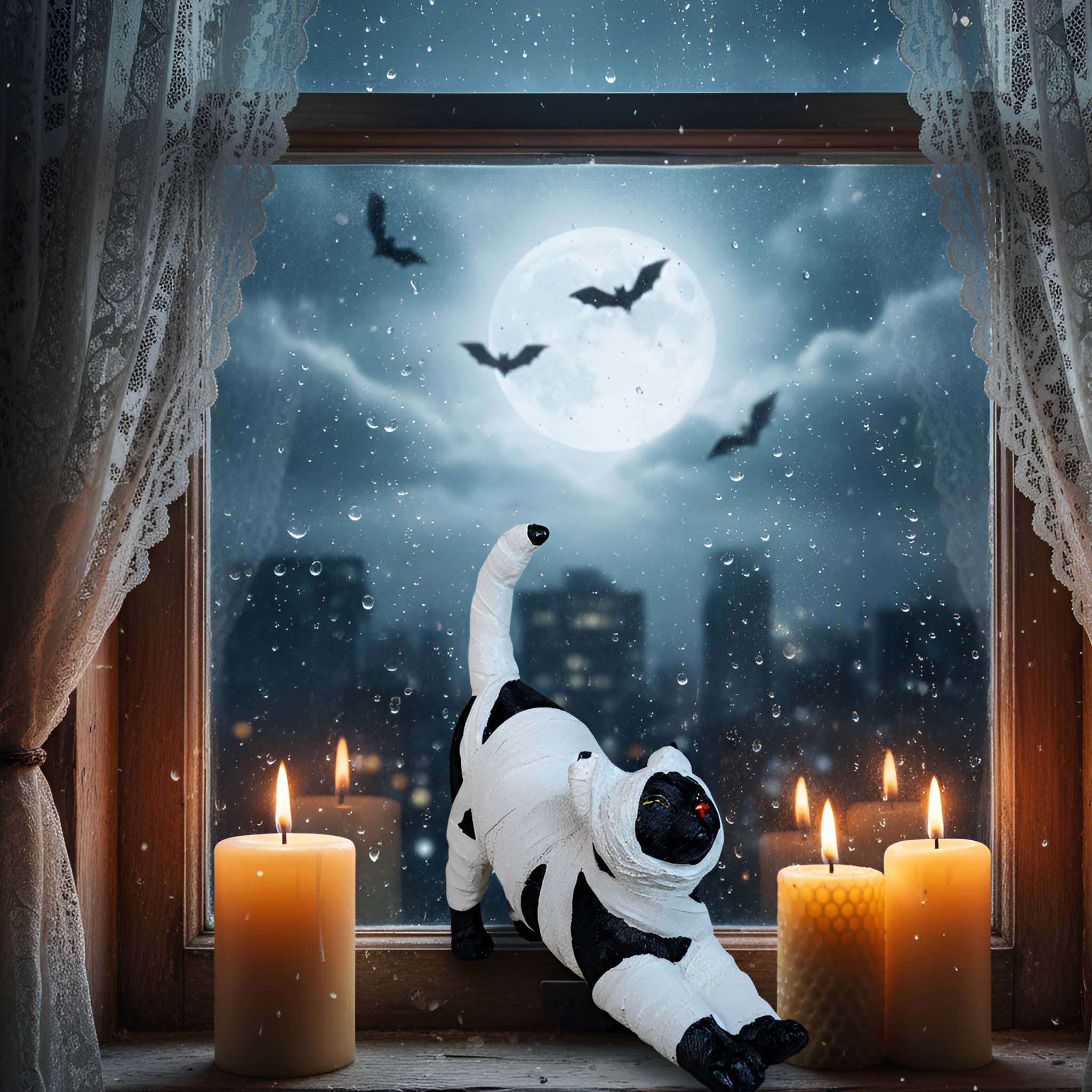 Halloween Deko Katze – handbemalte Katzenmumie Figur aus Polyresin 26×9×27 cm, gruselige Halloween Dekoration für Haus, Garten & Halloweenparty