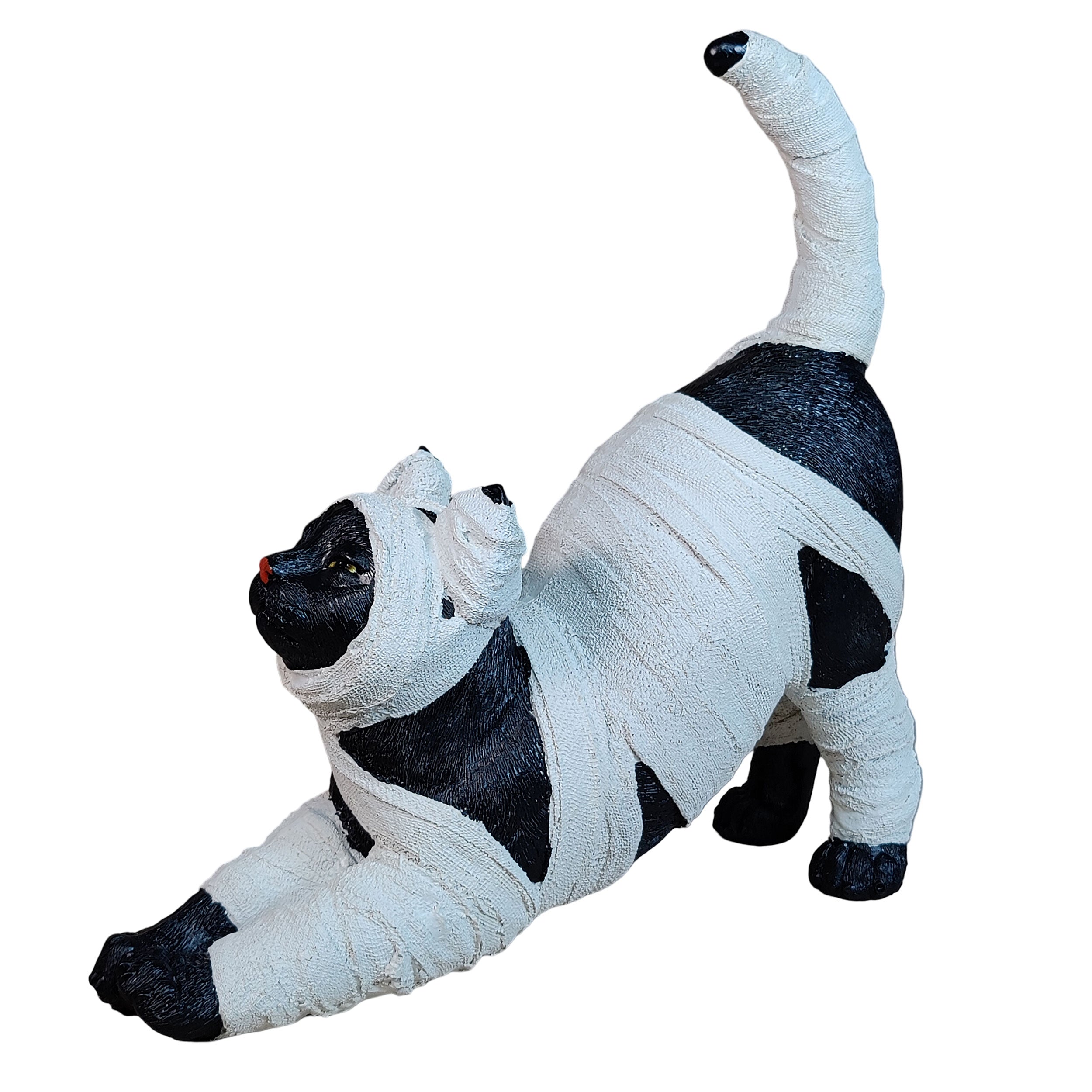 Halloween Deko Katze – handbemalte Katzenmumie Figur aus Polyresin 26×9×27 cm, gruselige Halloween Dekoration für Haus, Garten & Halloweenparty