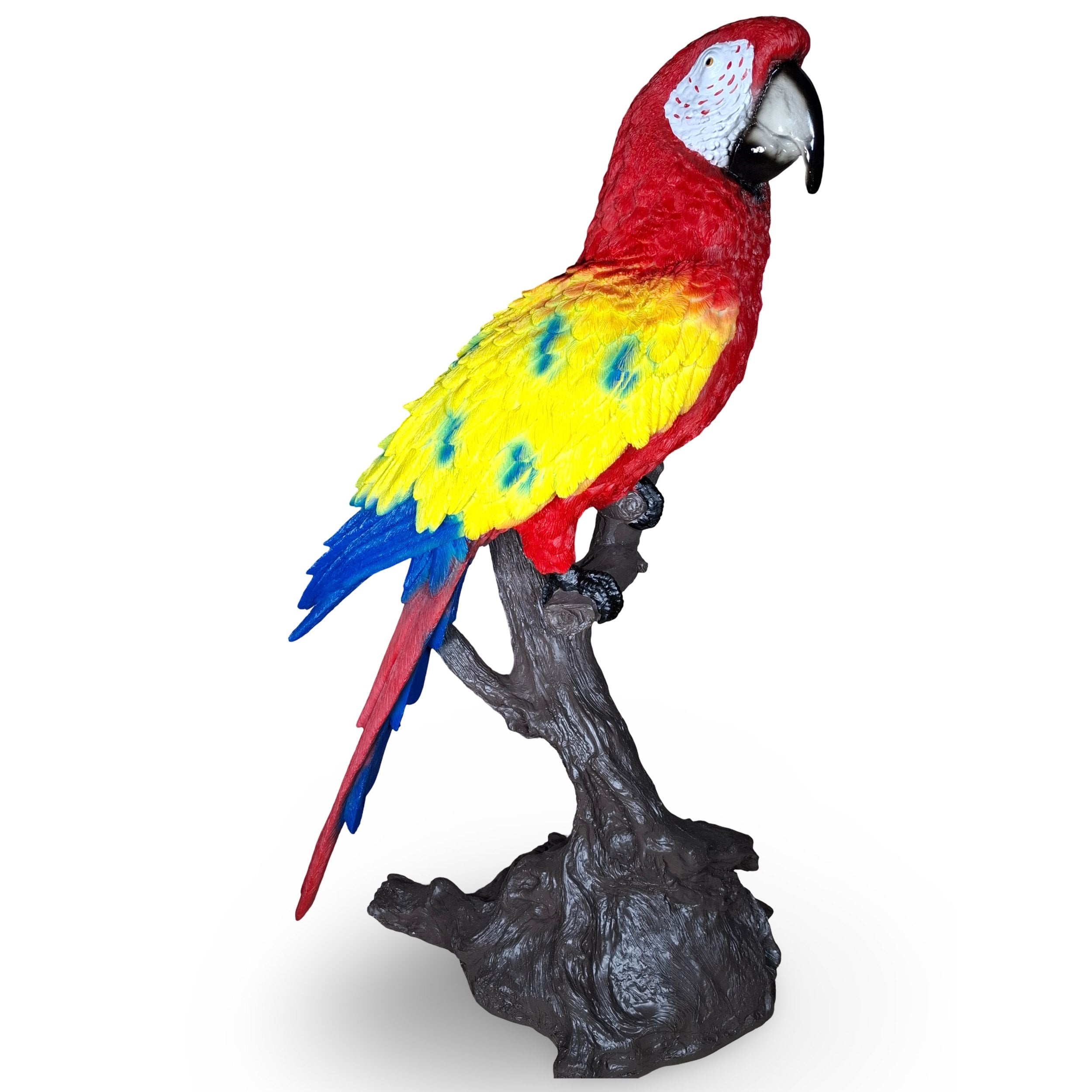 Papagei Figur – große Gartenfigur aus Polyresin, handbemalte Papagei Deko – bunte Dekofigur Papagei auf Baumstamm
