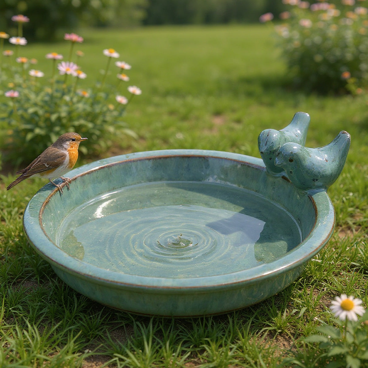 glasierte Vogeltränke für den Garten "Noble" mit 2 Deko-Vögel, 30 cm Moos Grün Keramik Vogeltränke rund Vogelbad Garten