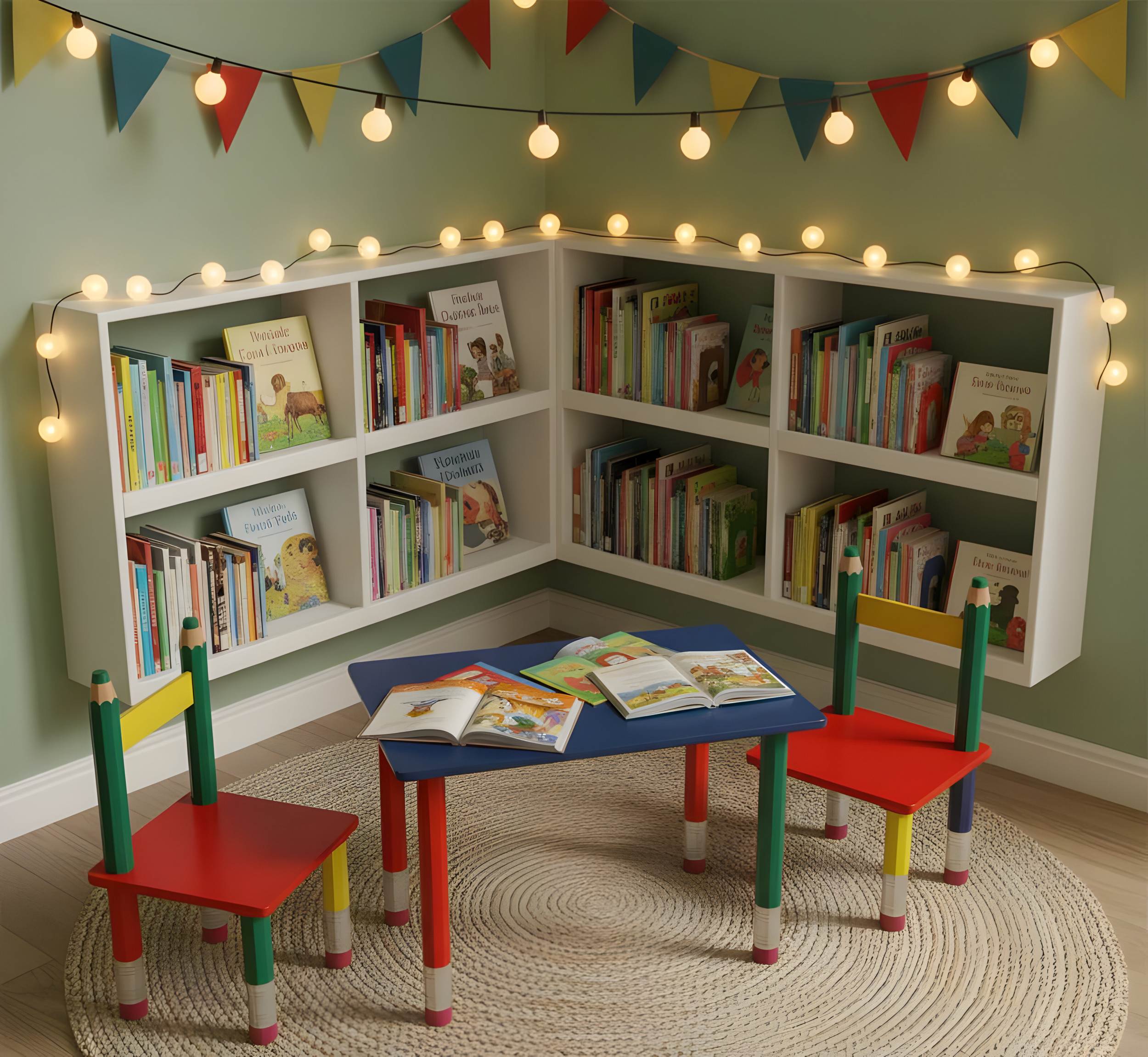 Kindertischgruppe Bleistift bunt – farbenfrohe Kindermöbel aus Holz mit Tisch und zwei Stühlen