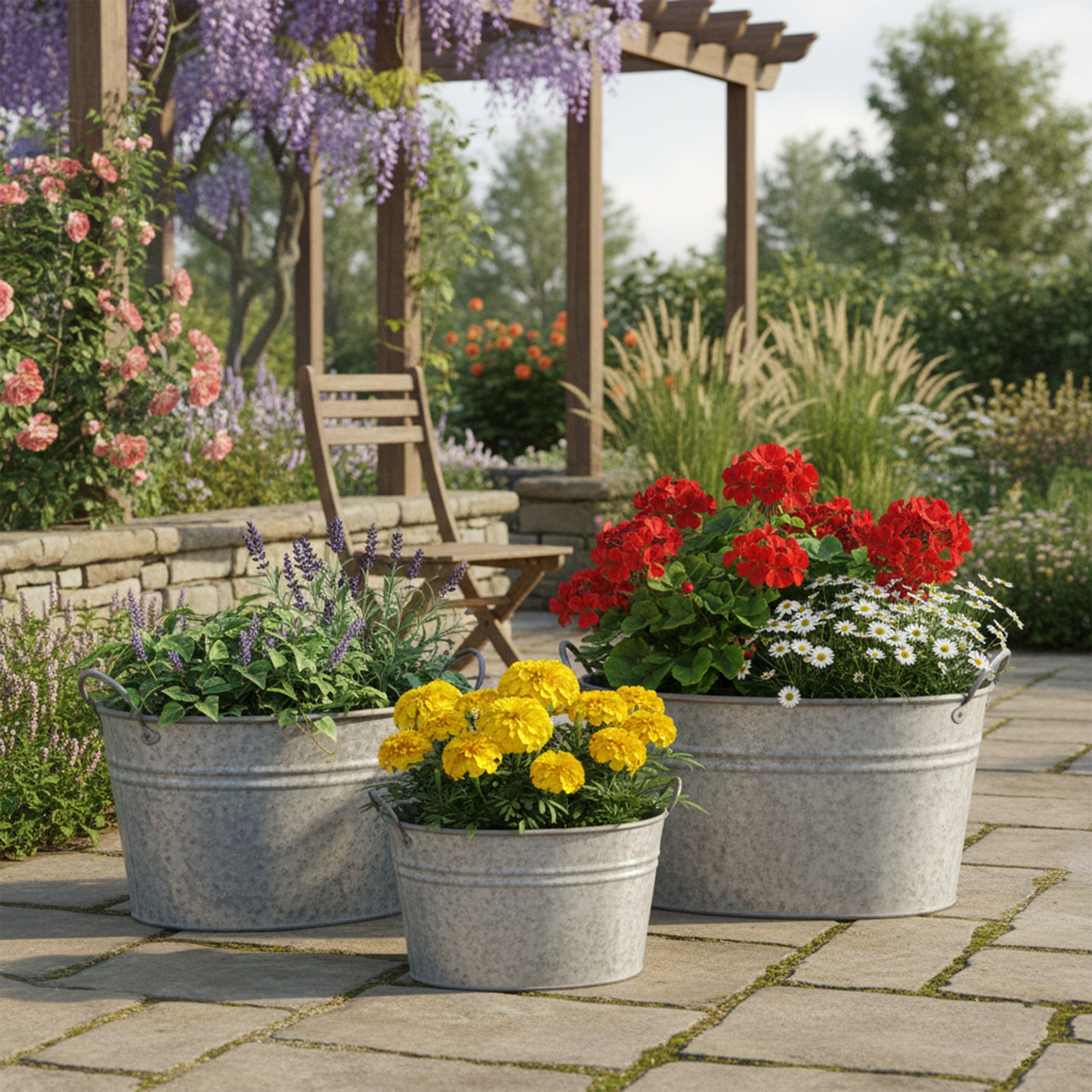 3er Set Zinkwanne oval verzinkt - Pflanzwanne Metall für Garten, Terrasse & Deko Blumentopf, Pflanztopf