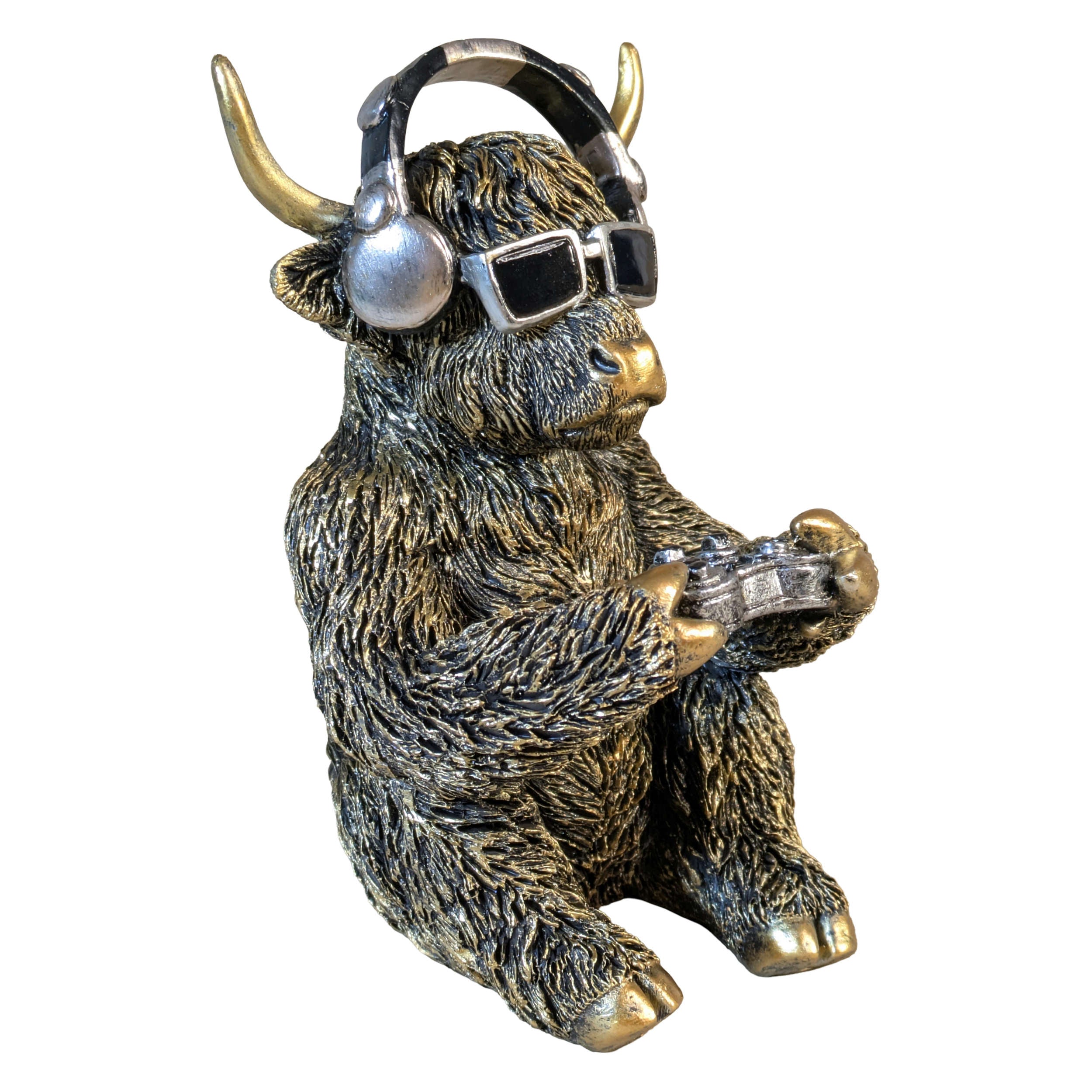 Highland Cattle Figur Gamer Deko Kuh mit Kopfhörer & Controller goldfarben
