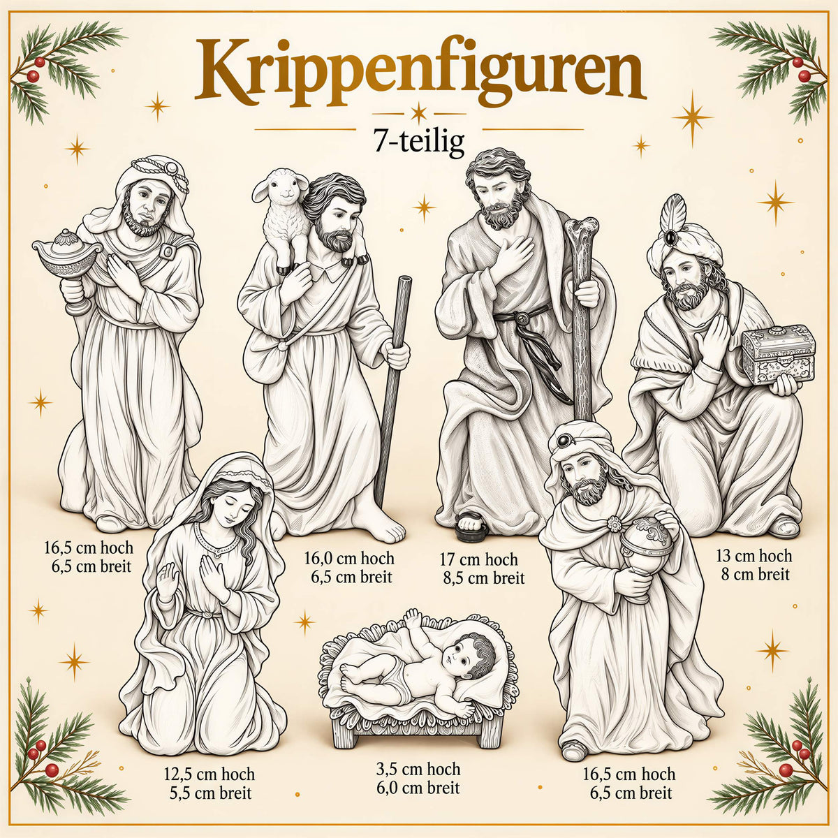 Krippenfiguren Set 7-teilig Weihnachtskrippe Figuren Heilige Familie und Heilige Drei Könige