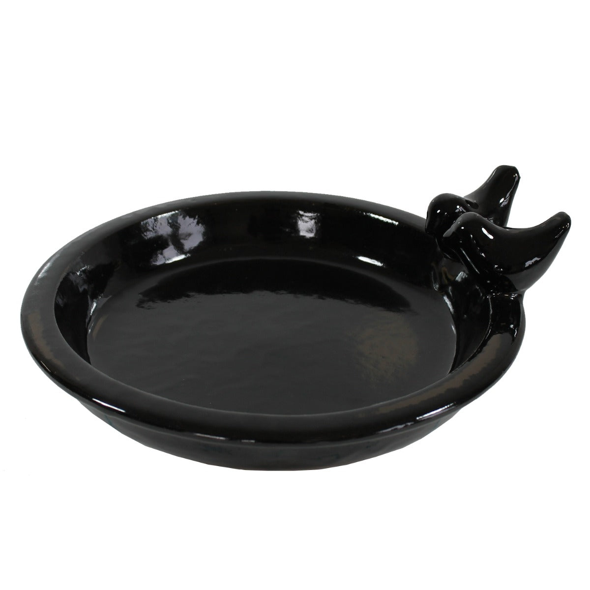 glasierte Vogeltränke für den Garten "Noble" mit 2 Deko-Vögel, 30 cm schwarz glänzend Keramik Vogeltränke rund Vogelbad Garten