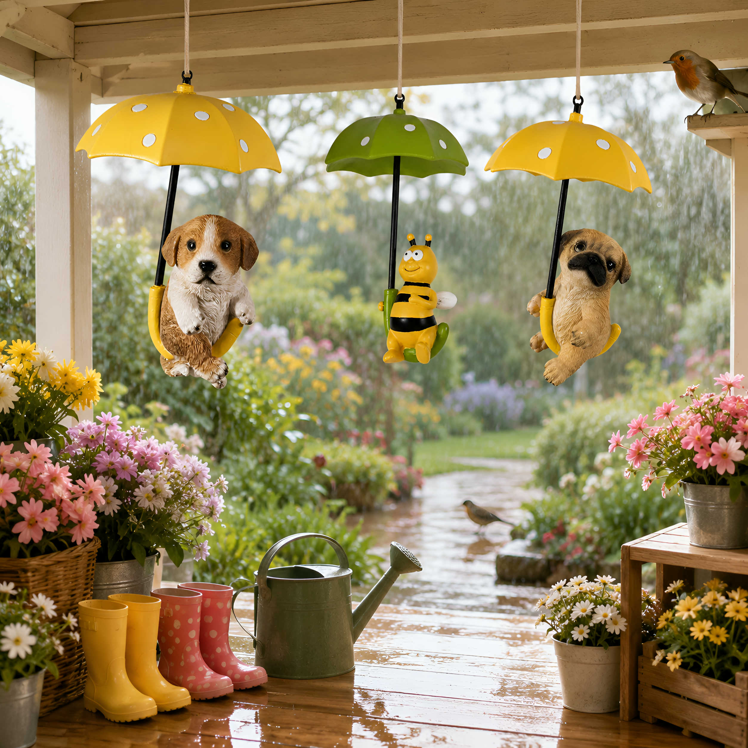 Hängedeko Tierfigur mit Regenschirm - Fenster Hängedeko für Garten mit Biene oder Hunde Figuren