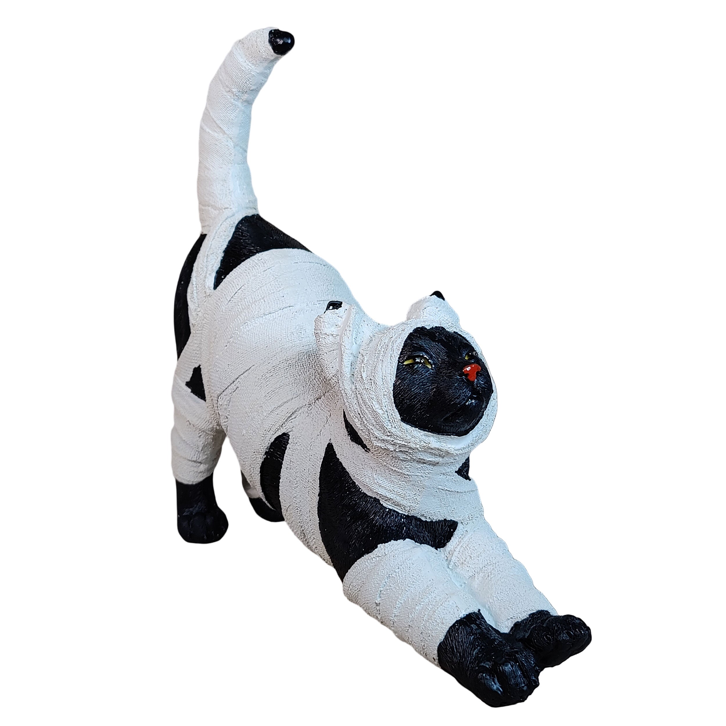 Halloween Deko Katze – handbemalte Katzenmumie Figur aus Polyresin 26×9×27 cm, gruselige Halloween Dekoration für Haus, Garten & Halloweenparty