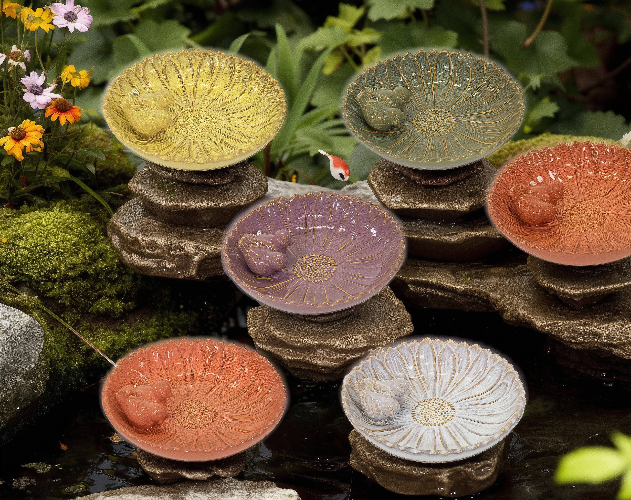 Vogeltränke winterfest | Royal | glasierte Vogeltränke für den Garten | mit Deko-Vögeln – rund, wetterfest, farbig, 23 und 28 cm