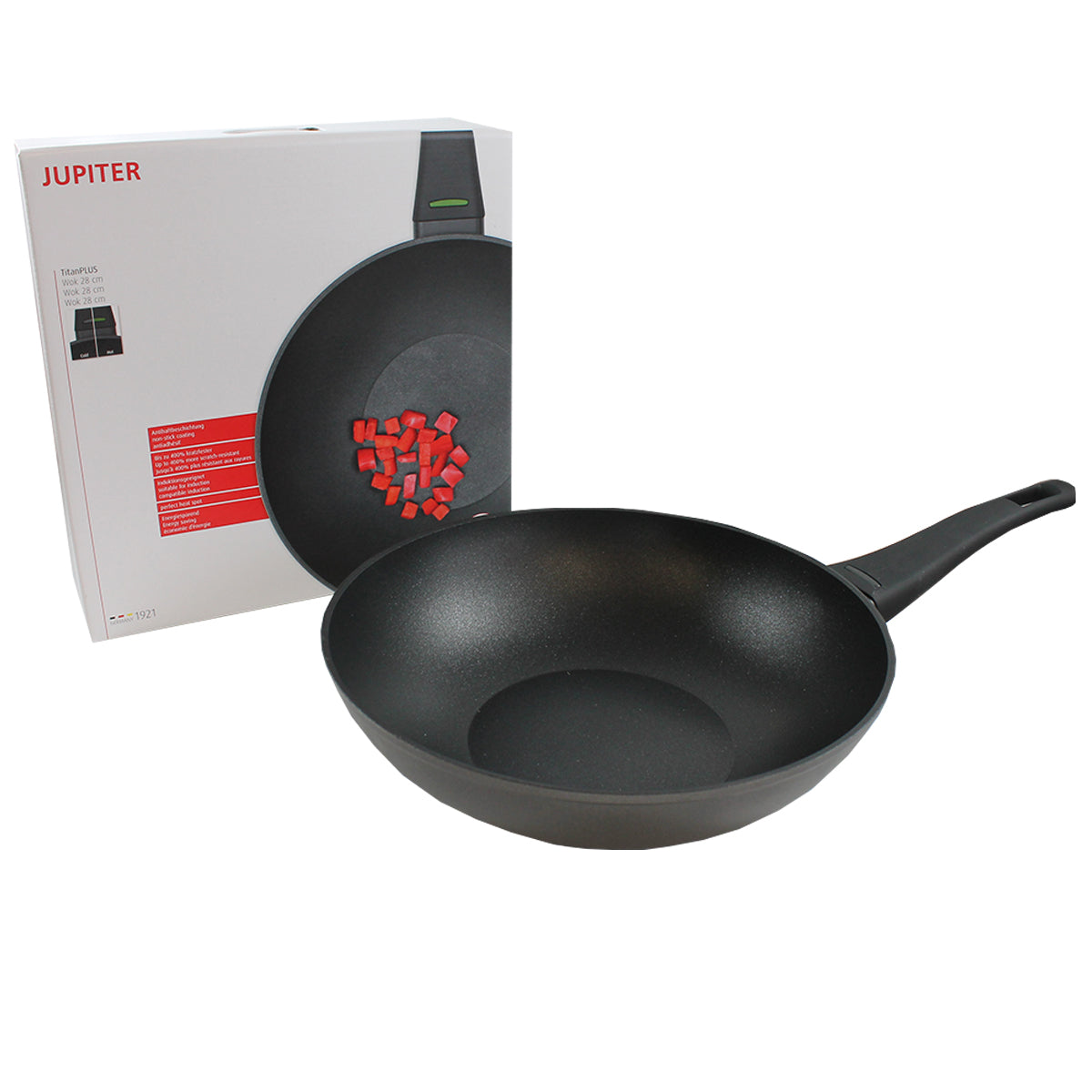 Jupiter Wok Bratpfanne TitanPLUS 28 cm Induktion Wok Pfanne antihaftbeschichtet Aluminiumpfanne