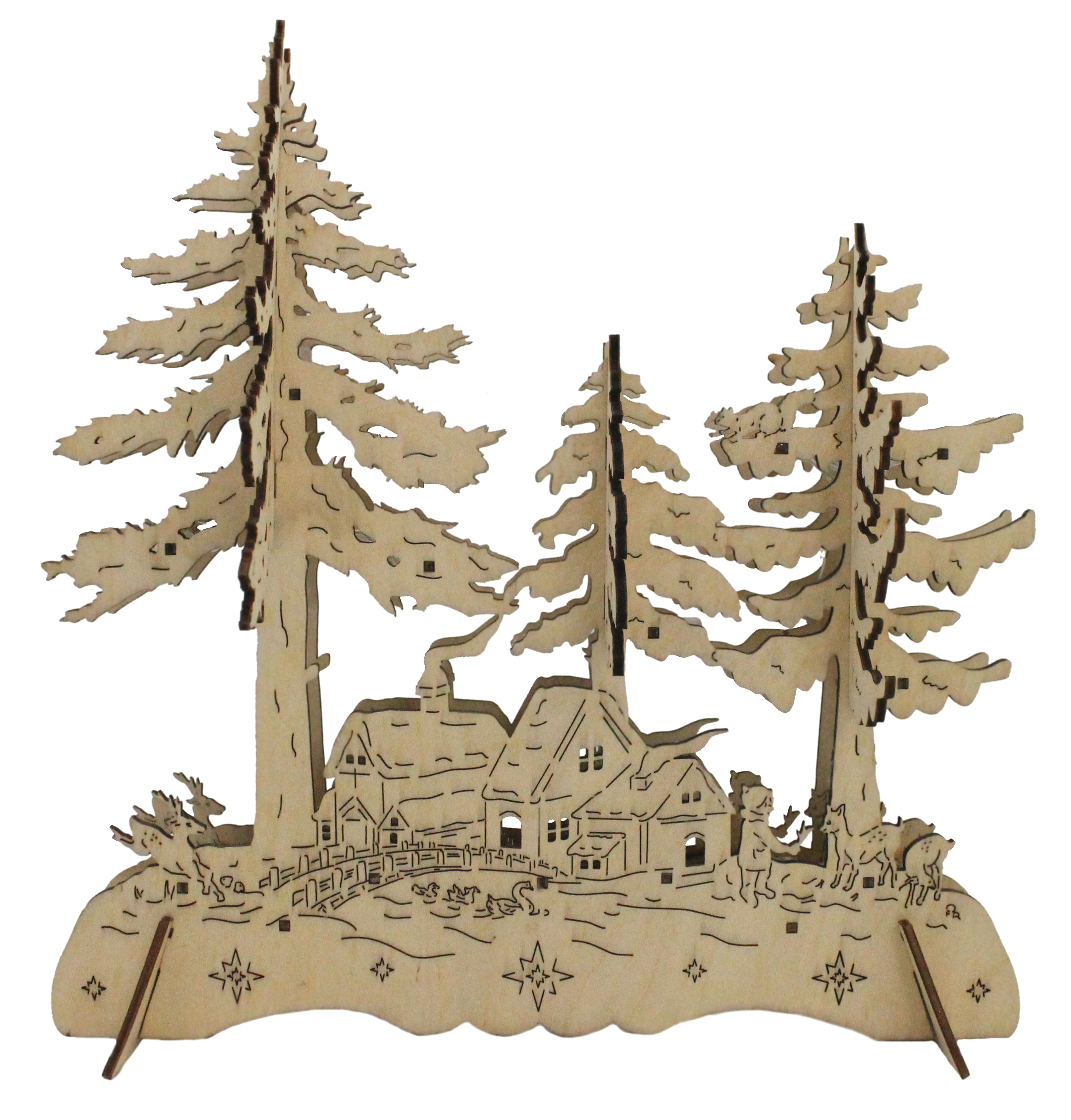 Weihnachtsdekoration mit Beleuchtung aus Holz Tannenbäume und Waldhütte LED beleuchtet