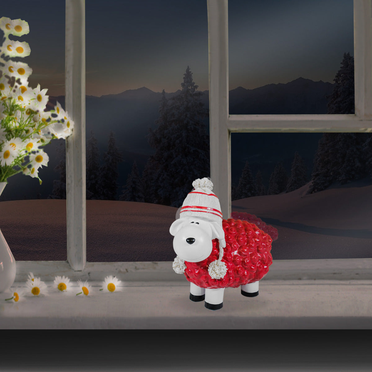 Buntes Deko Schaf rot mit Mütze Gartenfigur Schaf Dekofigur Schaf lustige Schafe