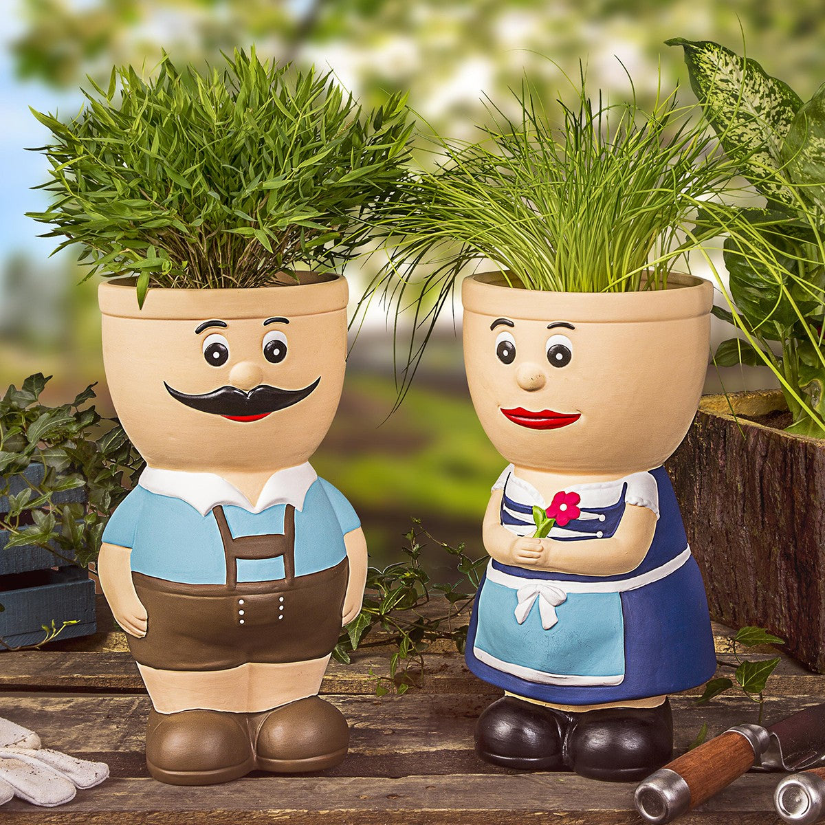 Blumentopf Figur Keramik Resi und Sepp Kräutertopf Übertopf Pflanztopf Bayerische Deko