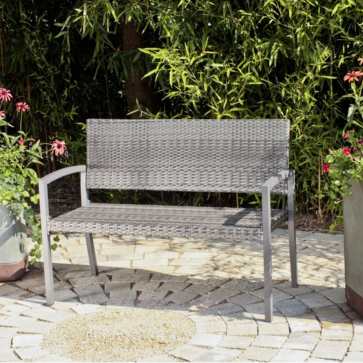 Garden Pleasure Parkbank Sanremo - 2-Sitzer Gartenbank Rattan, Rattanbank in Dunkelgrau, Poly-Rattan & Aluminium Rahmen, Rattan Sitzbank