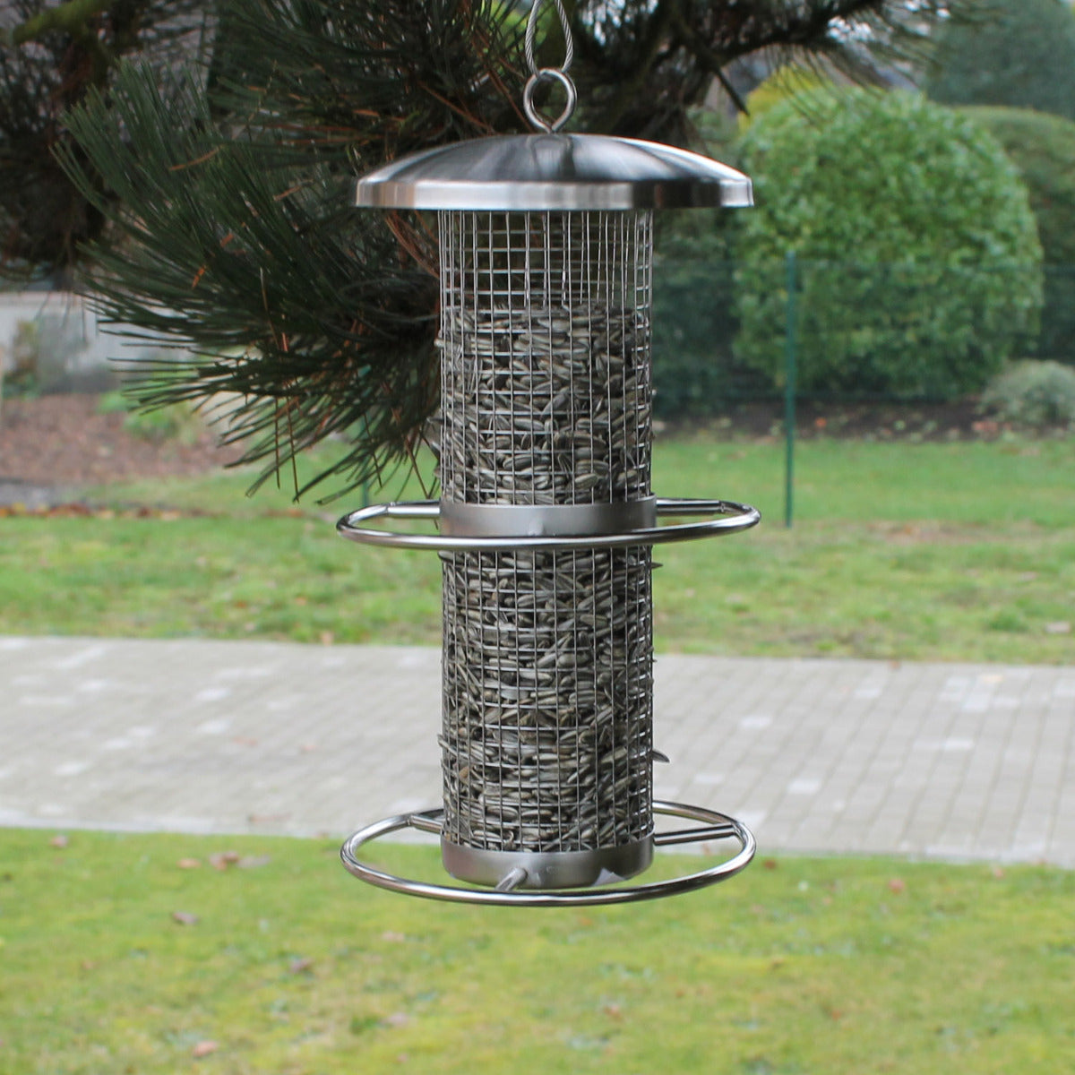 Vogelfutterstation zum hängen mit 2 Sitzringen Vogelfuttersäule Edelstahl Vogel Haus Futter Silo Futtersäule