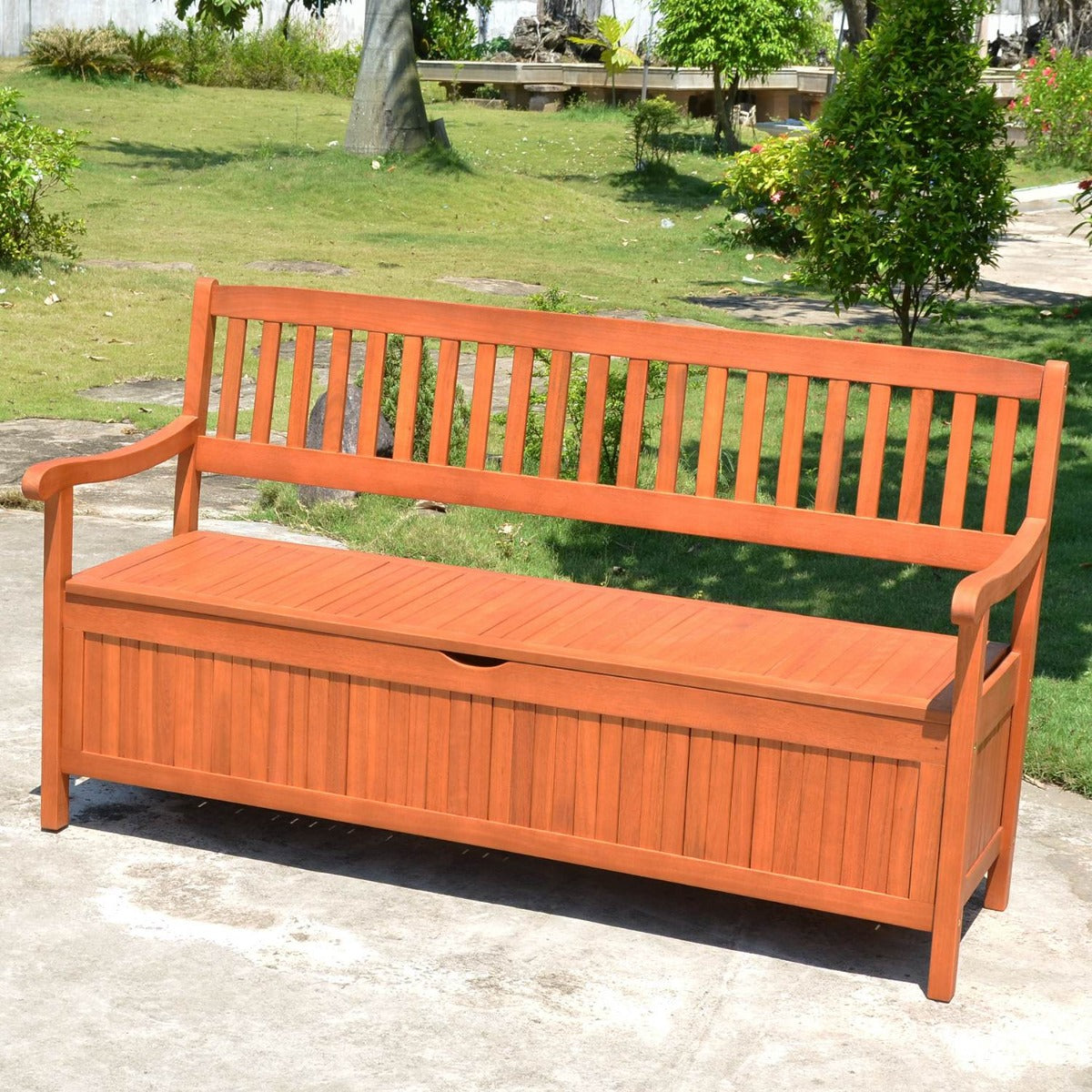 Garden Pleasure Gartenbank Houston - 3-Sitzer Gartenbank mit Stauraum Holzbank mit Lehne FSC 100% Eukalyptusholz, geölt, Sitzbank outdoor