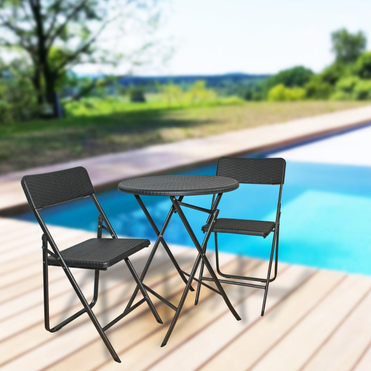 Balkonset Rattan Optik Tisch 2 Stühle Balkonmöbel Terrassenmöbel platzsparend schwarz