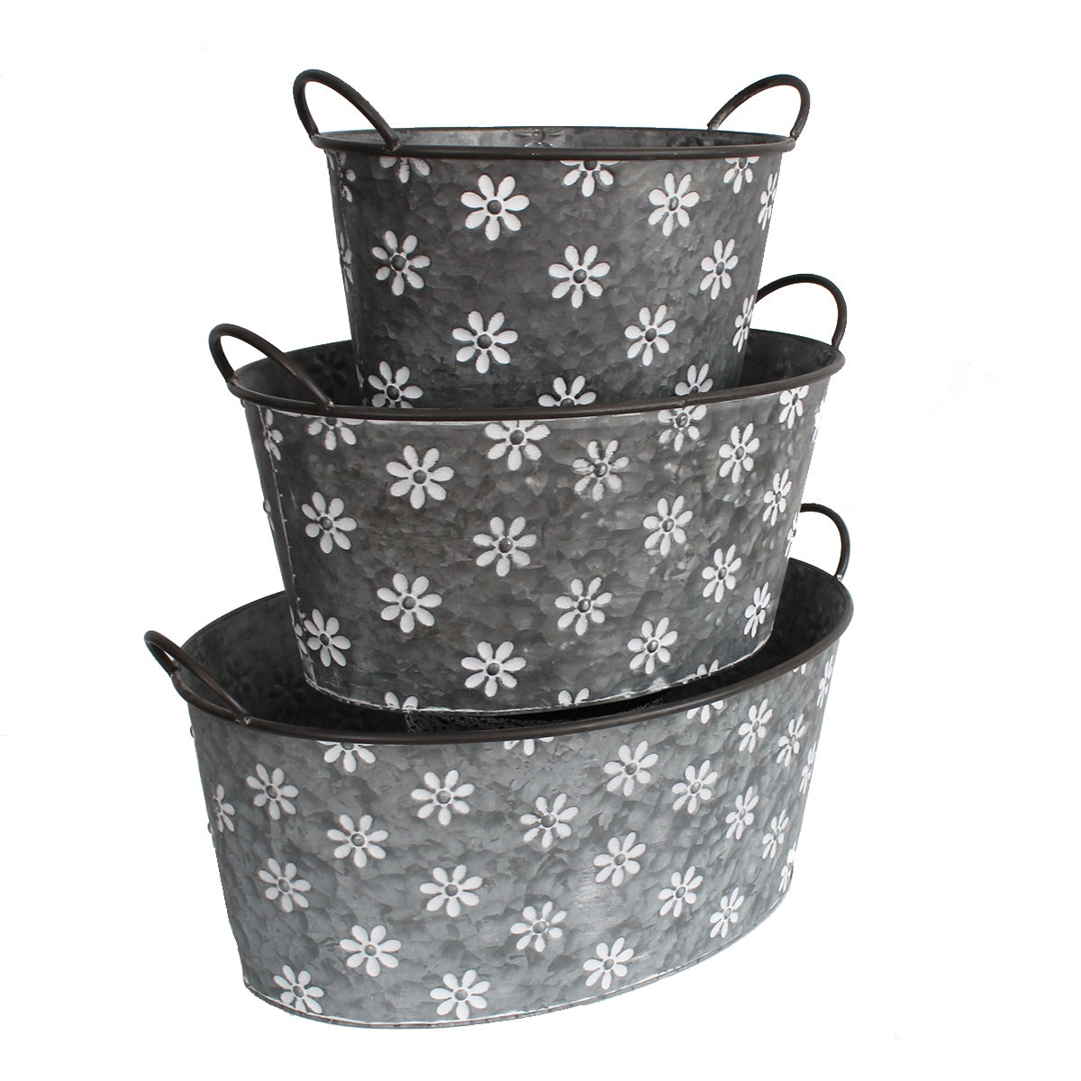 Pflanztopf Blumentopf 3er Set ovale Zinkwannen mit Blumenmuster und Handgriffen
