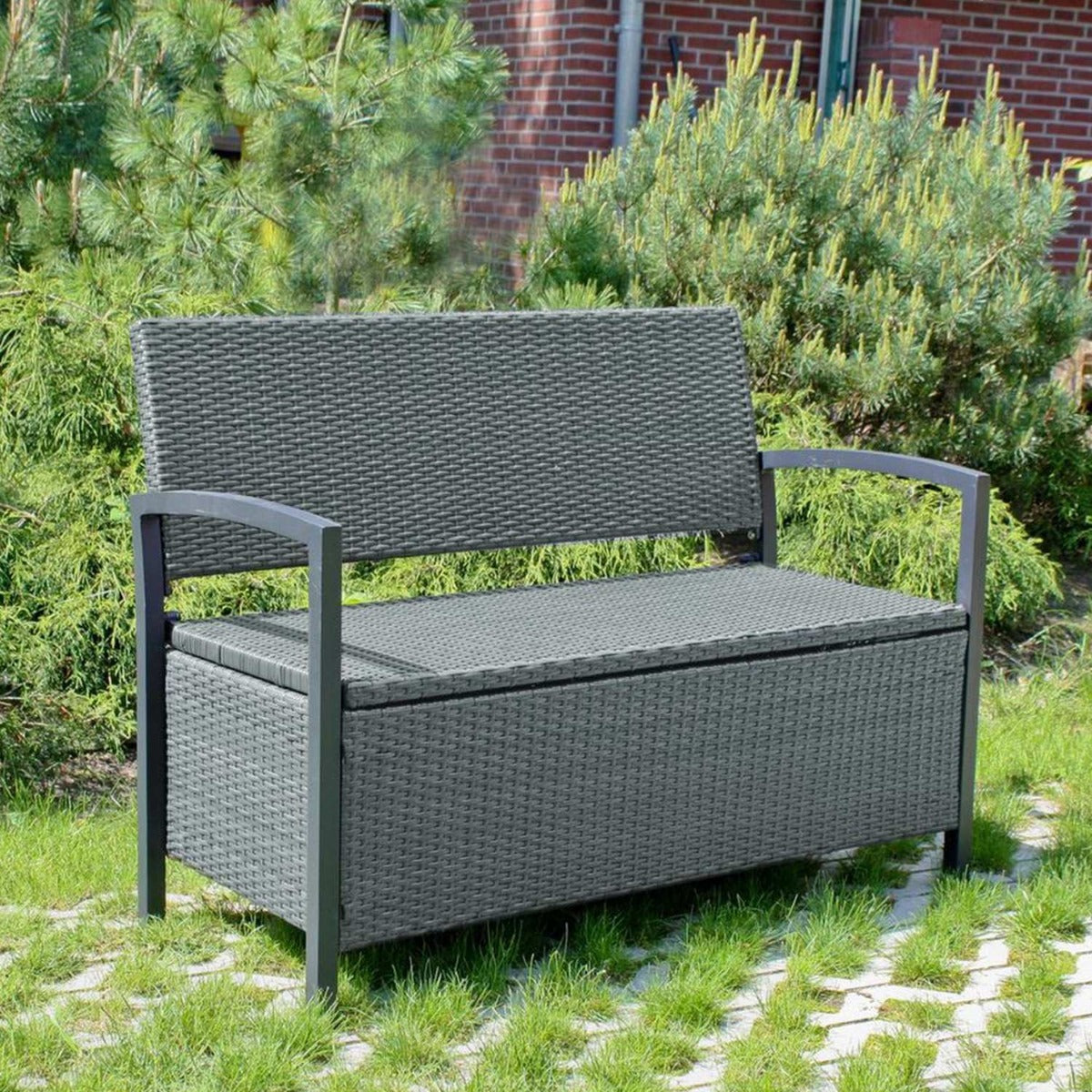 Garden Pleasure Parkbank Ferrara - 2-Sitzer Rattan Bank mit Stauraum, Dunkelgrau, Gartenbank mit Stauraum, Poly-Rattan, Balkonbank mit Stauraum