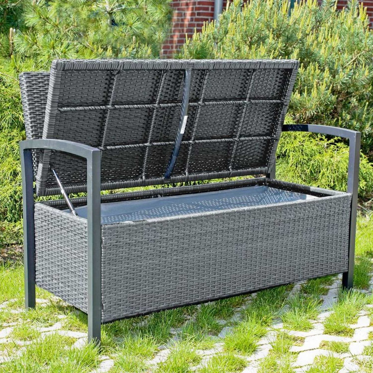 Garden Pleasure Parkbank Ferrara - 2-Sitzer Rattan Bank mit Stauraum, Dunkelgrau, Gartenbank mit Stauraum, Poly-Rattan, Balkonbank mit Stauraum