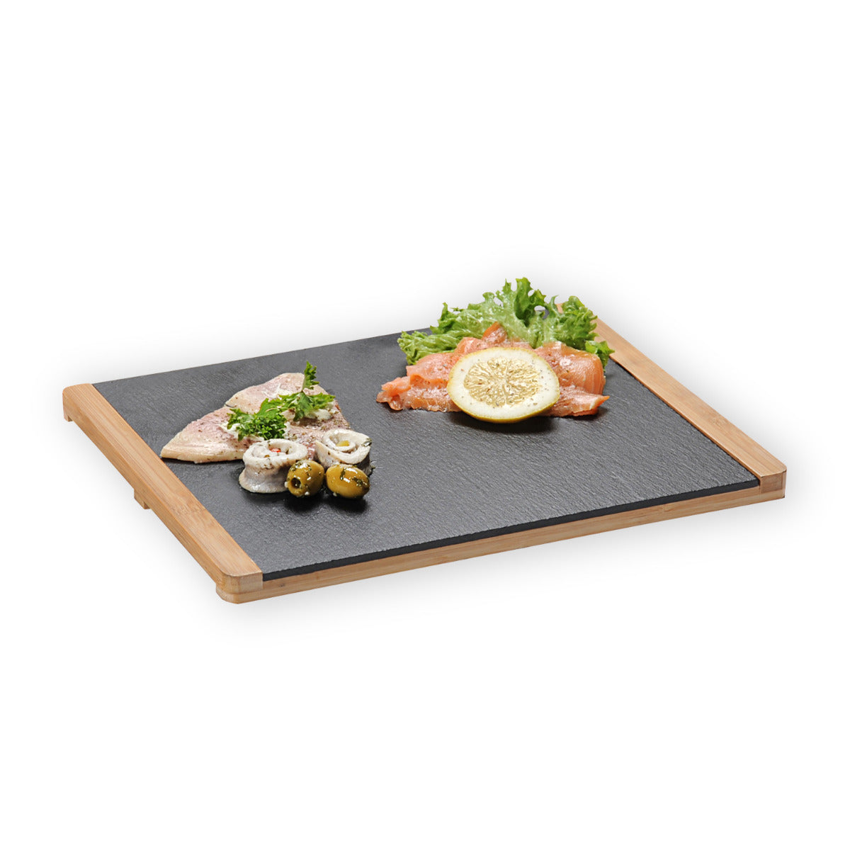 Servierplatte Schiefer 34 x 26 cm Buffetplatte schwarz Servierplatte Holz Rahmen FSC