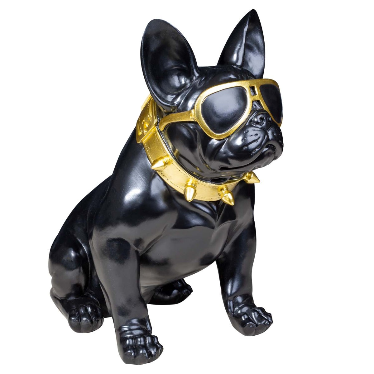 Französische Bulldogge Deko Hundefigur Siggi klein mit Brille und Nietenhalsband Deko Bulldogge schwarz