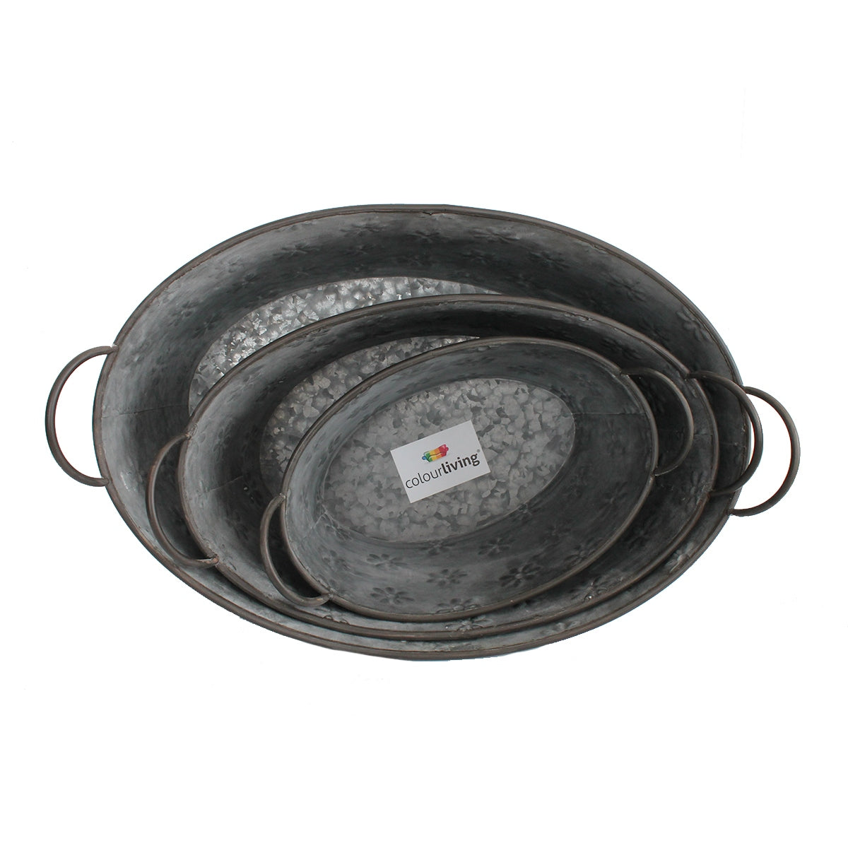 Pflanztopf Blumentopf 3er Set ovale Zinkwannen mit Blumenmuster und Handgriffen