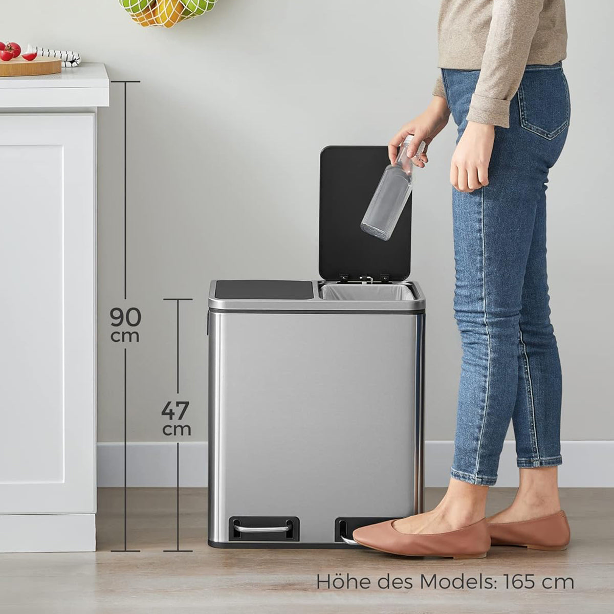 Songmics Mülleimer 30 l, mit zwei Fächern 2x15 l, soft-close Deckel, Treteimer aus Metall, silber