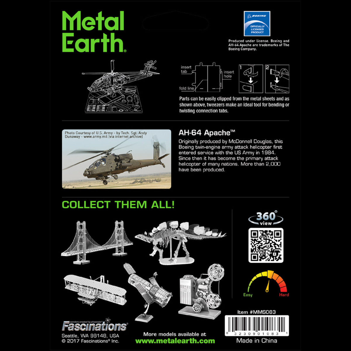 Metal Earth Metallbausätze MMS083 AH-64 Apache Hubschrauber Metall Modell
