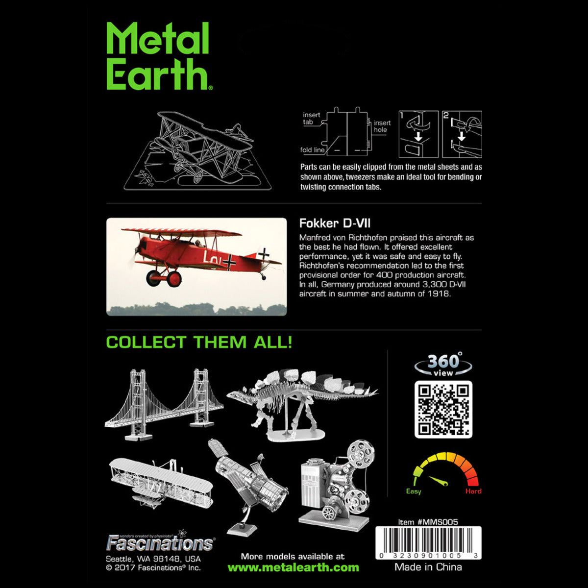 Metal Earth Metallbausätze MMS005 Fokker D-VII Doppeldecker Flugzeug Metall Modell