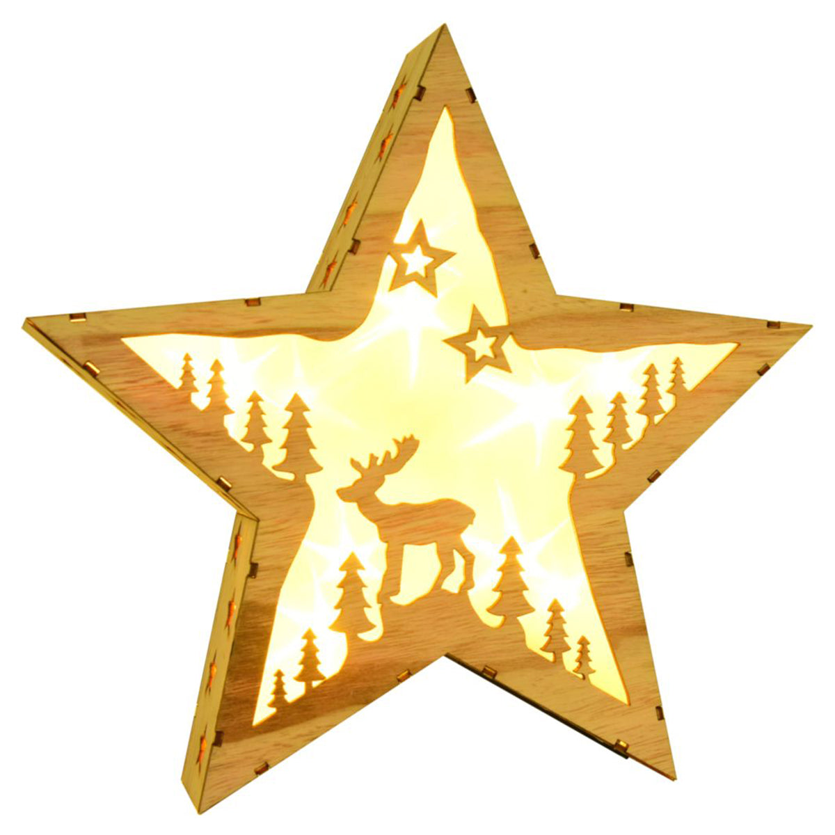 Deko Stern Holzstern 30cm Stern mit Rentier-Motiv mit LED Weihnachtsst